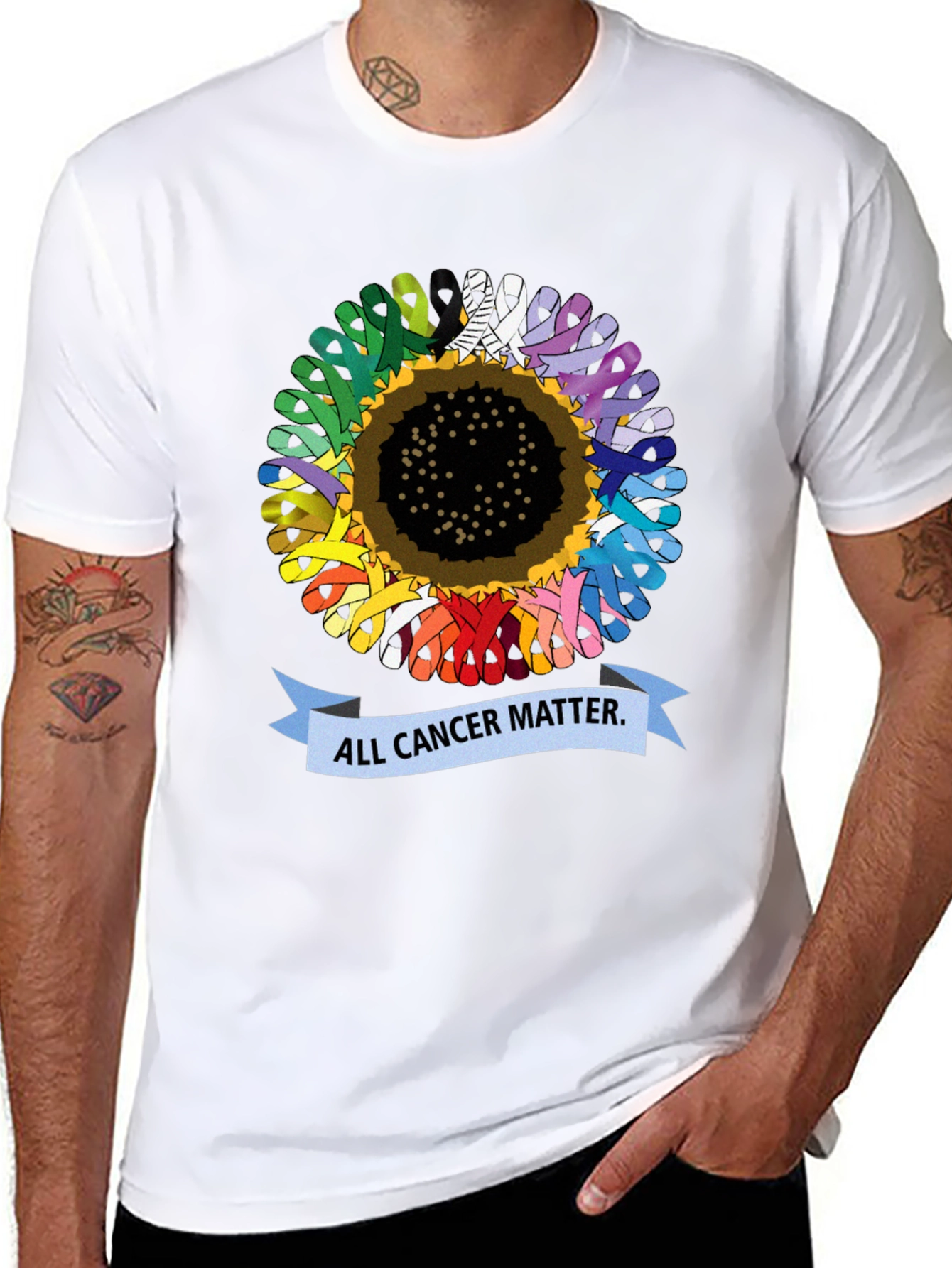 Black All Cancer Matter T-Shirt - Sunflower Ribbon Design view 8