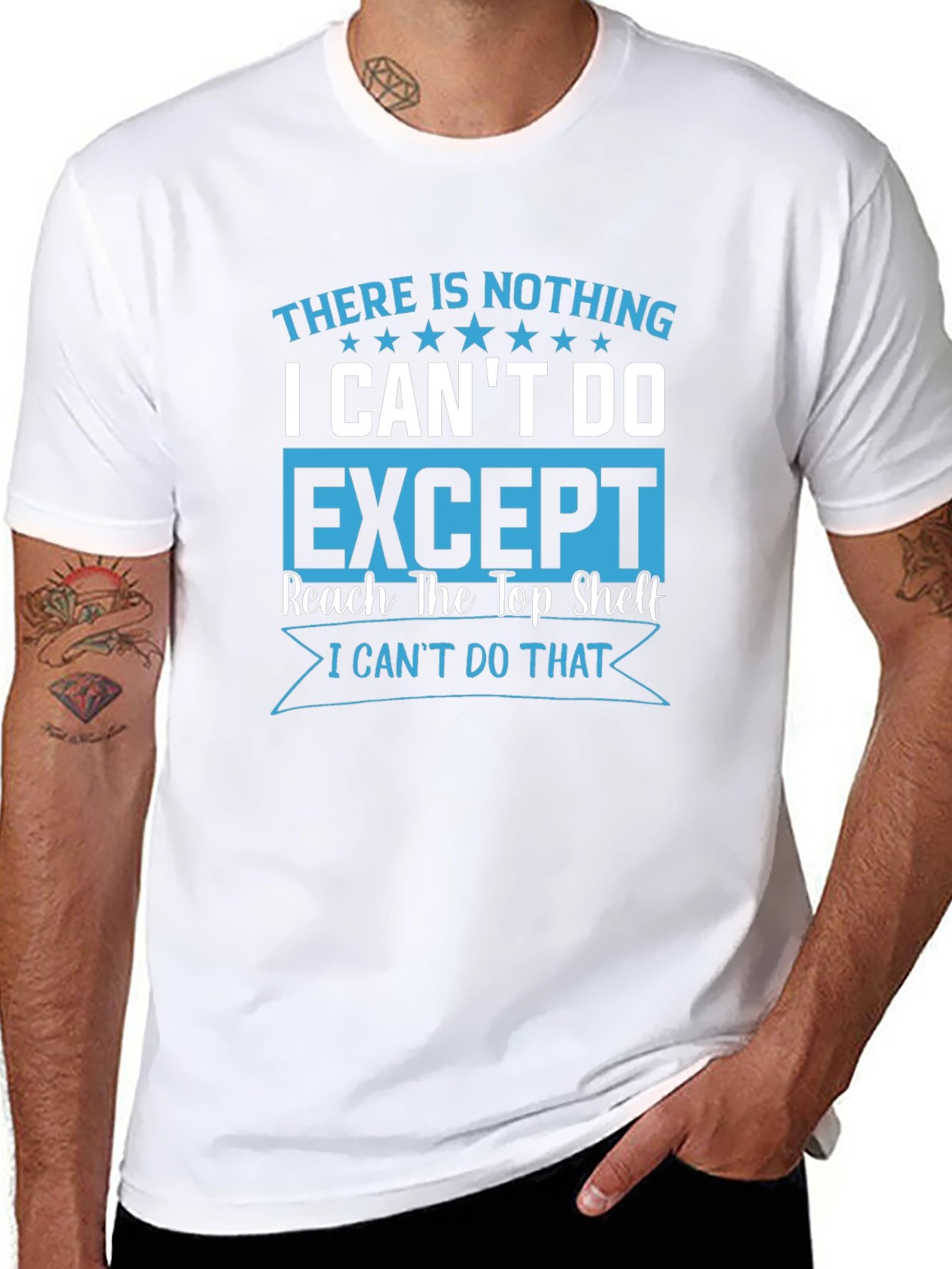 Black Funny Graphic Tee: I Can't Reach Top Shelf T-Shirt view 8