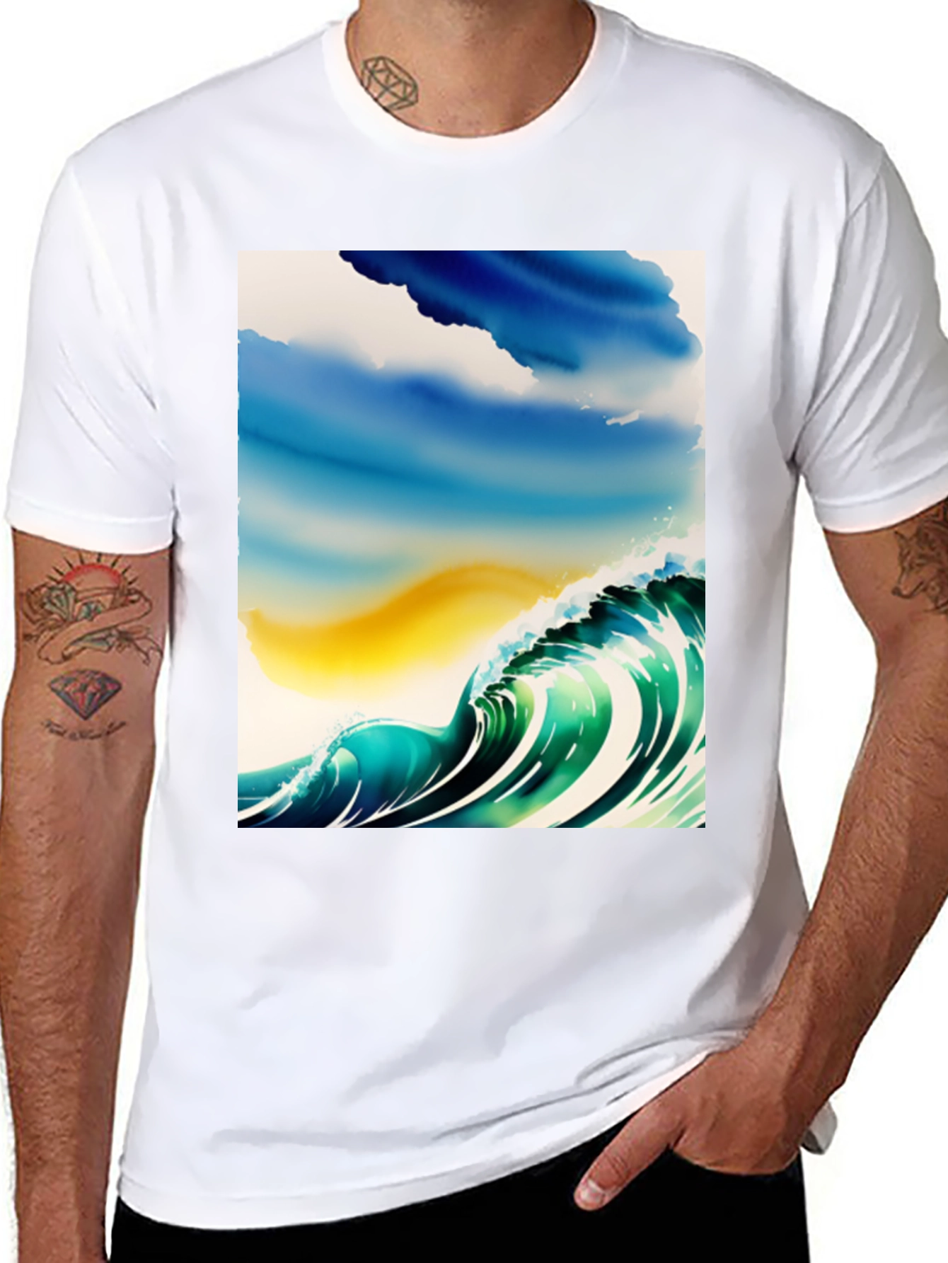 Black Wave Watercolor Graphic Tee - Black Cotton Casual view 8