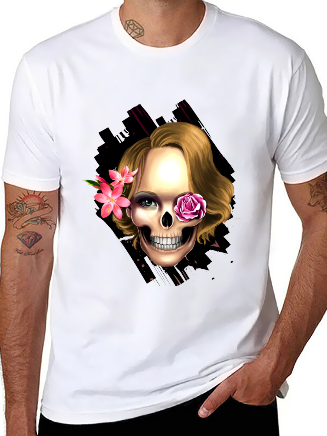 Black Skull & Flowers Graphic Tee - Trendy Halloween Style view 8