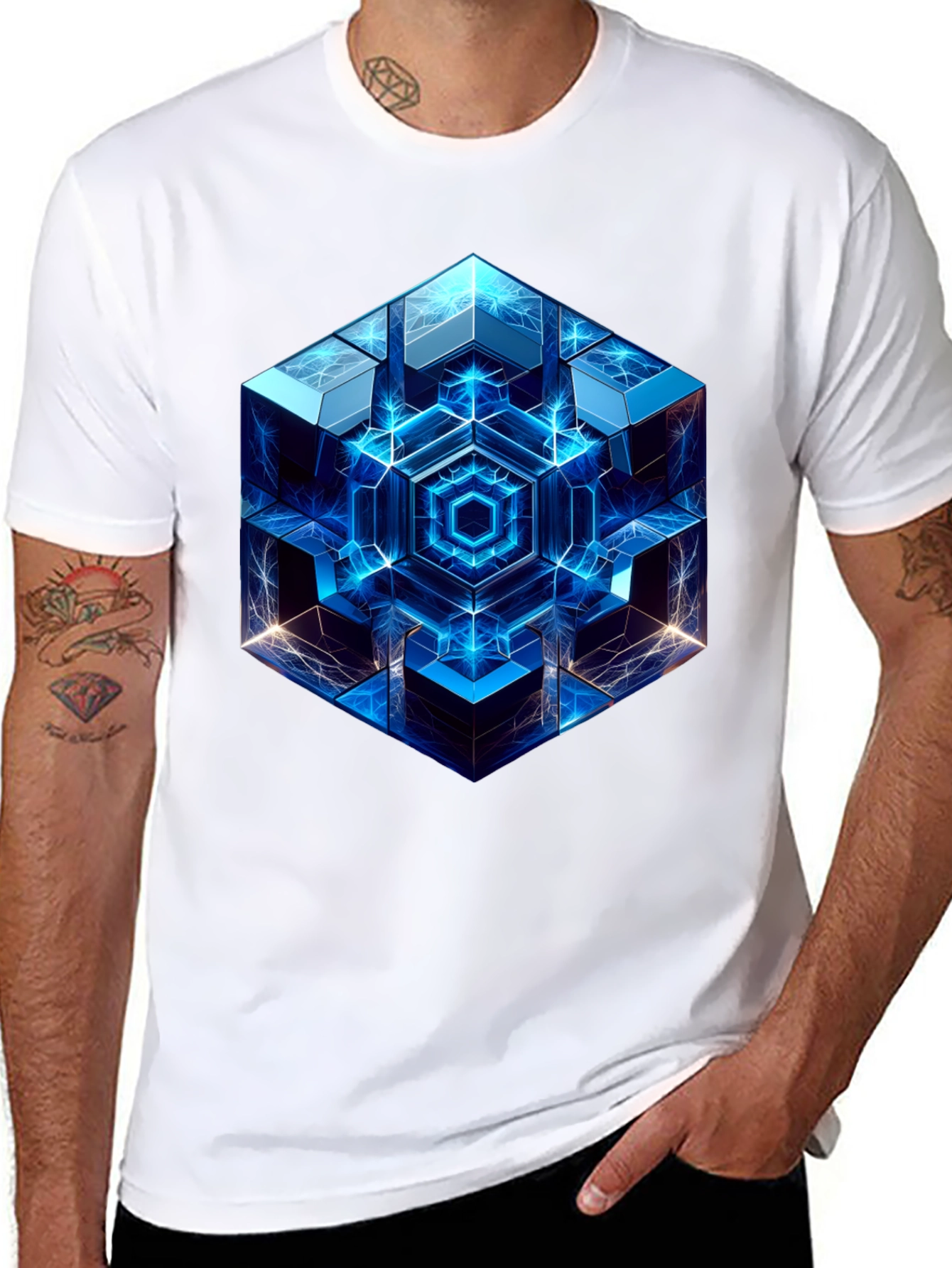 Black Geometric Cube Graphic Print Black T-Shirt view 8