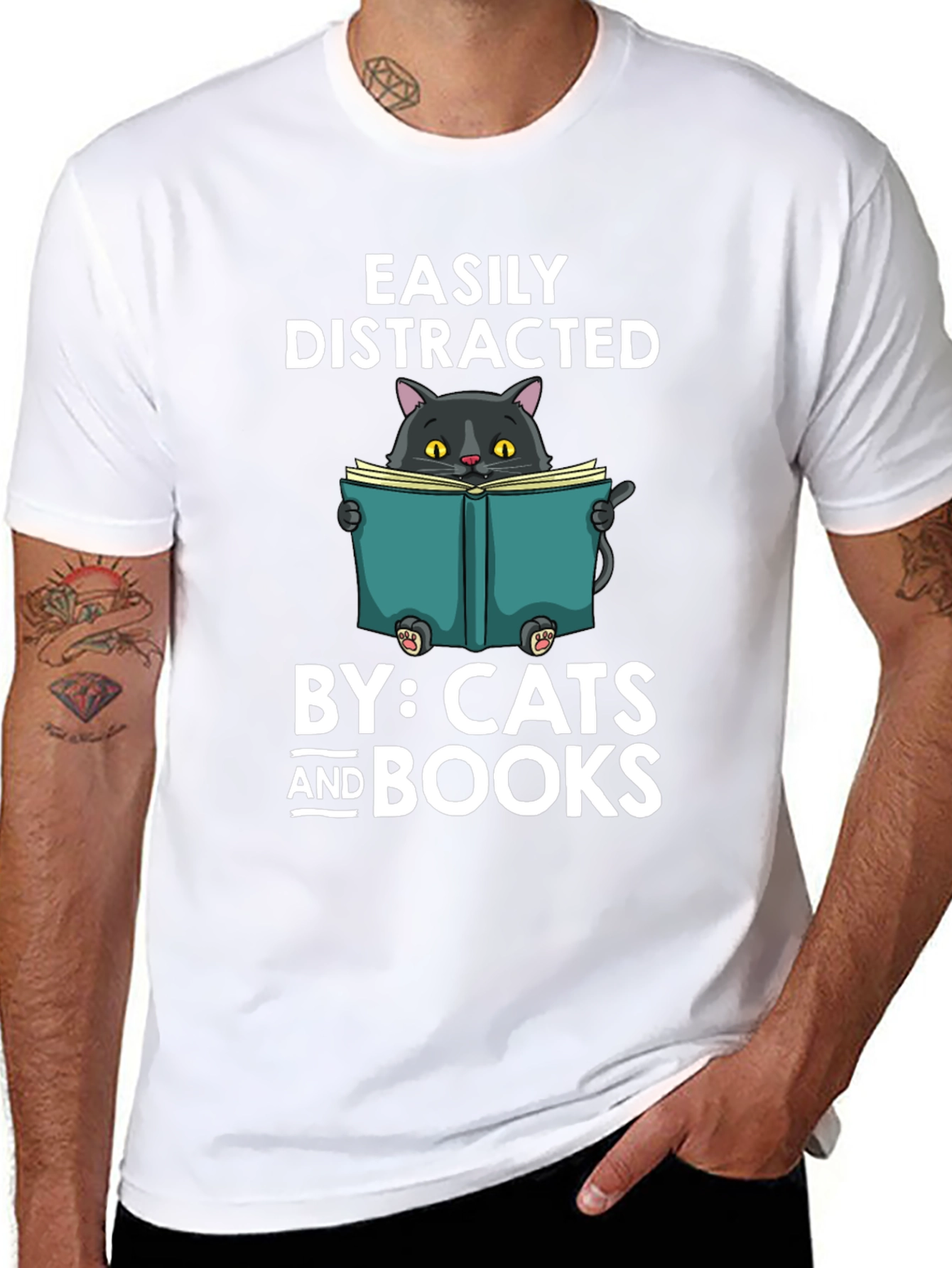Black Easily Distracted By Cats and Books T-Shirt view 8