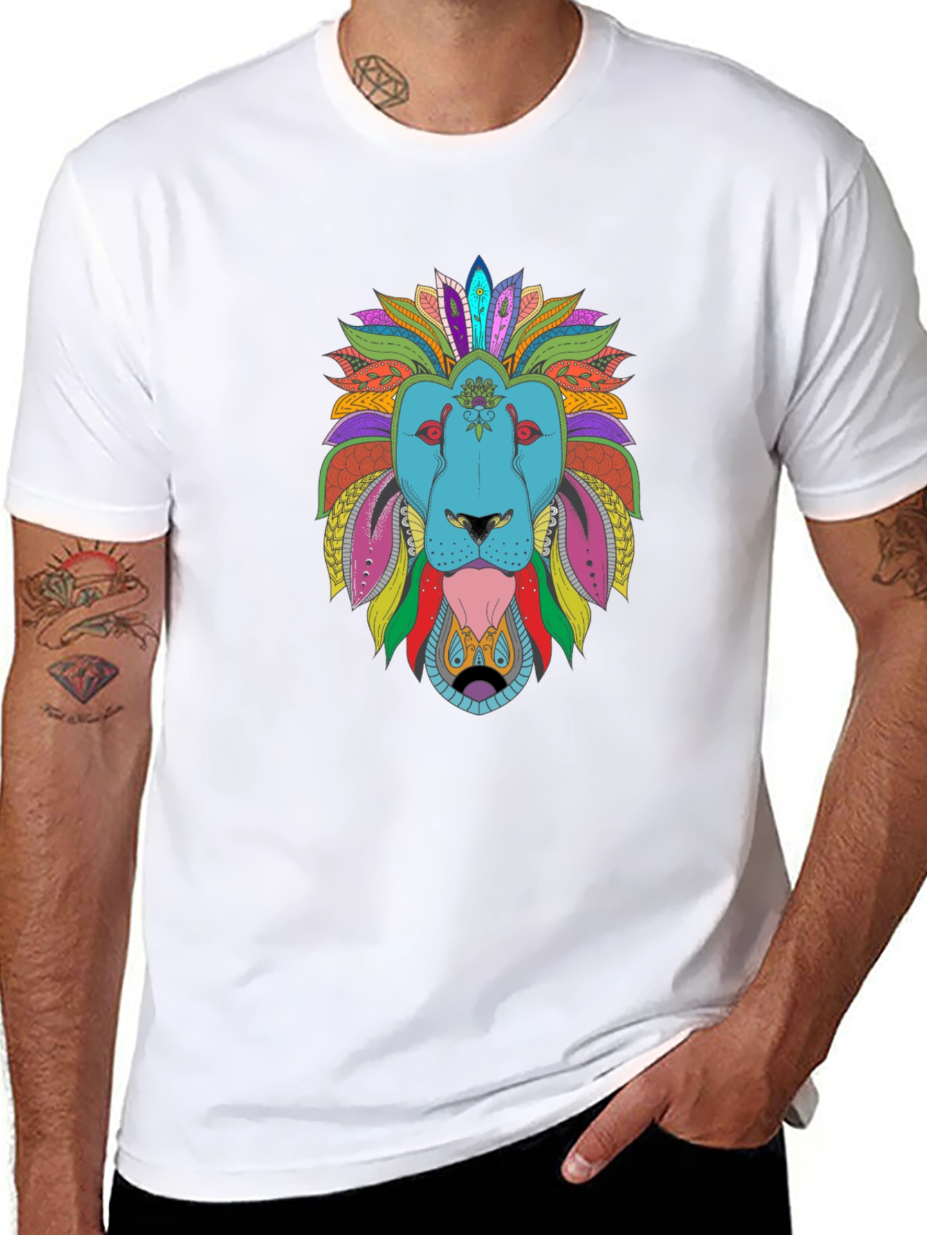 Black Colorful Lion Graphic Tee - Men's Black T-Shirt view 8