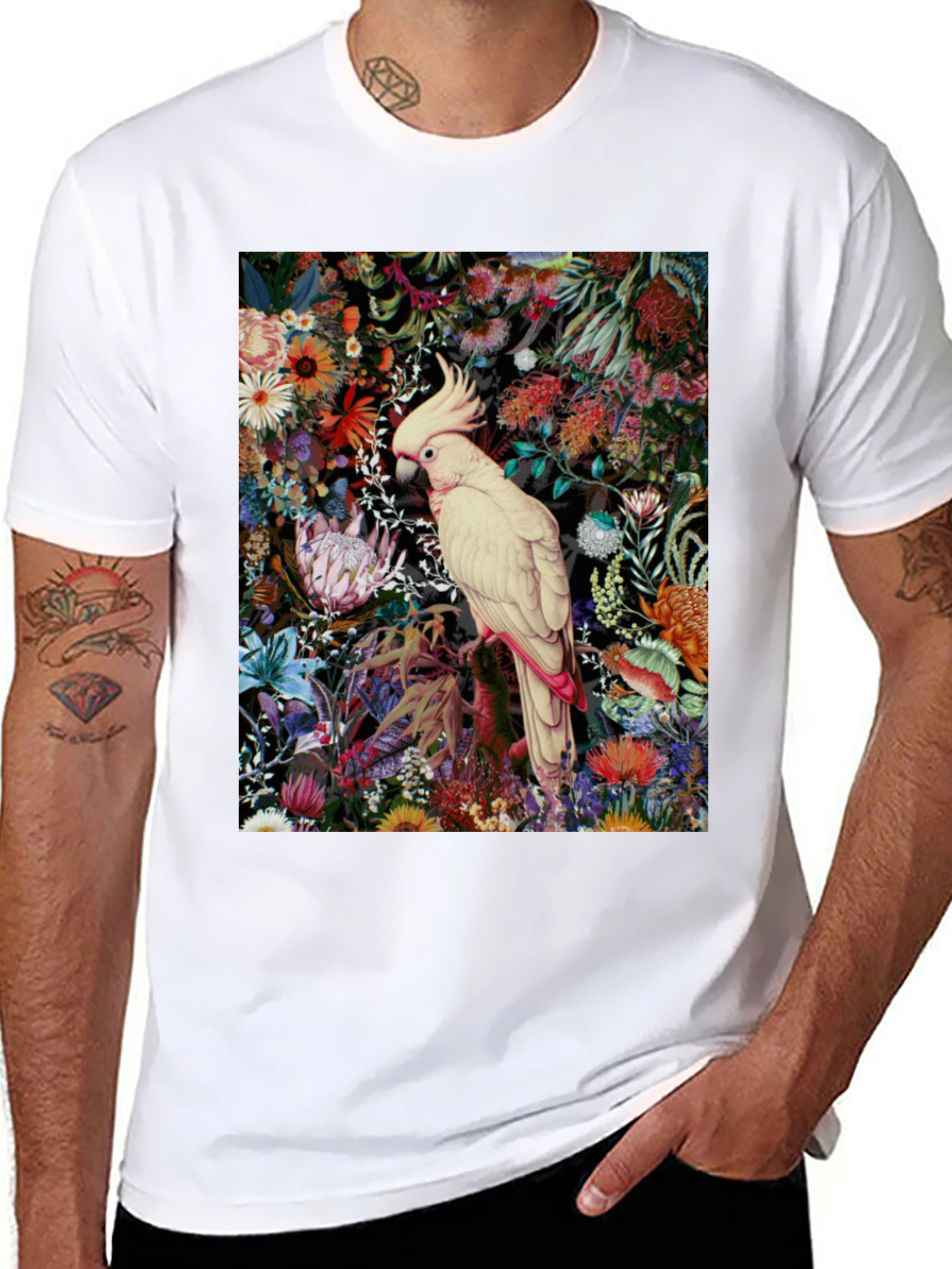 Black Floral Cockatoo Print Tee - Unique Graphic T-Shirt view 8