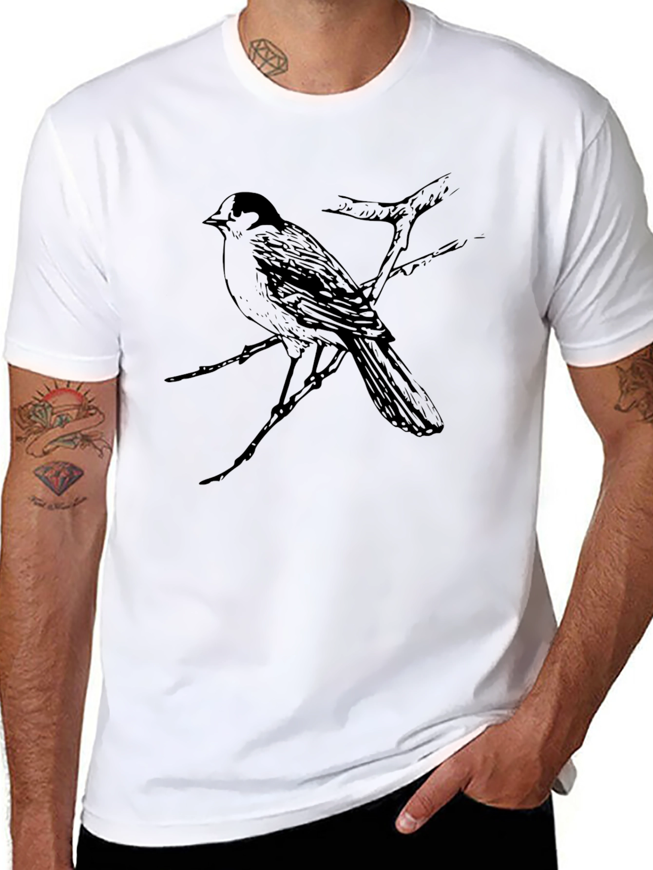 Black Bird on Branch Graphic Tee - Black Casual T-Shirt view 8