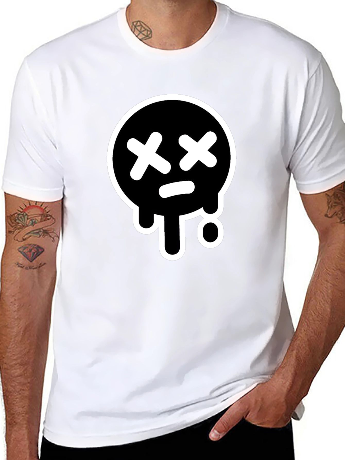 Black Black T-Shirt with White Drip Sad Face Design view 8