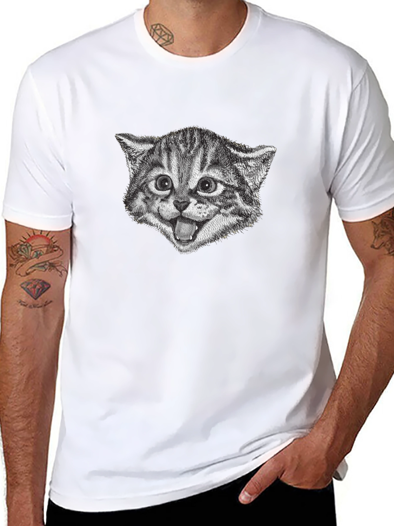 Black Whimsical Cat Face Graphic Tee - Black Cotton view 8