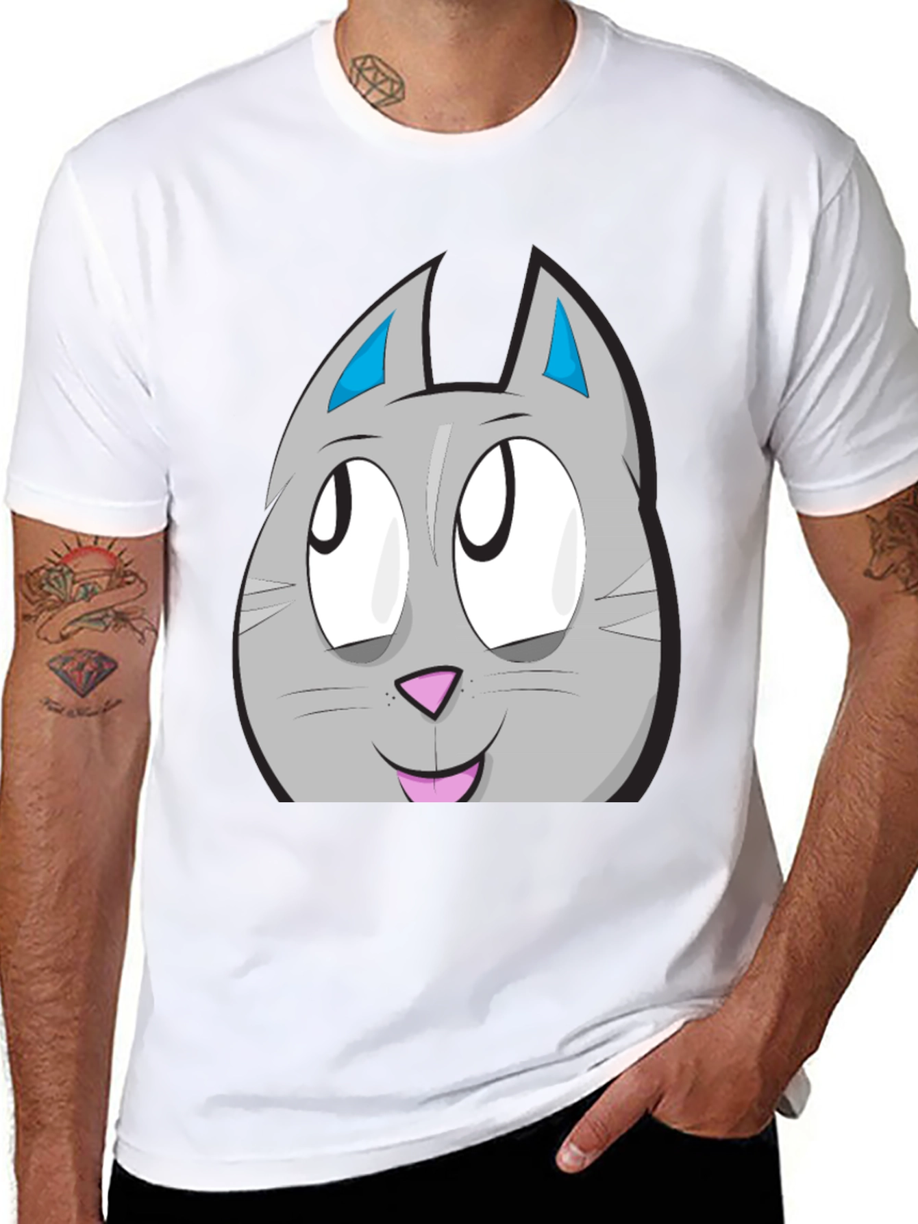 Black Cartoon Cat Face Graphic Tee - Unisex Black T-Shirt view 8