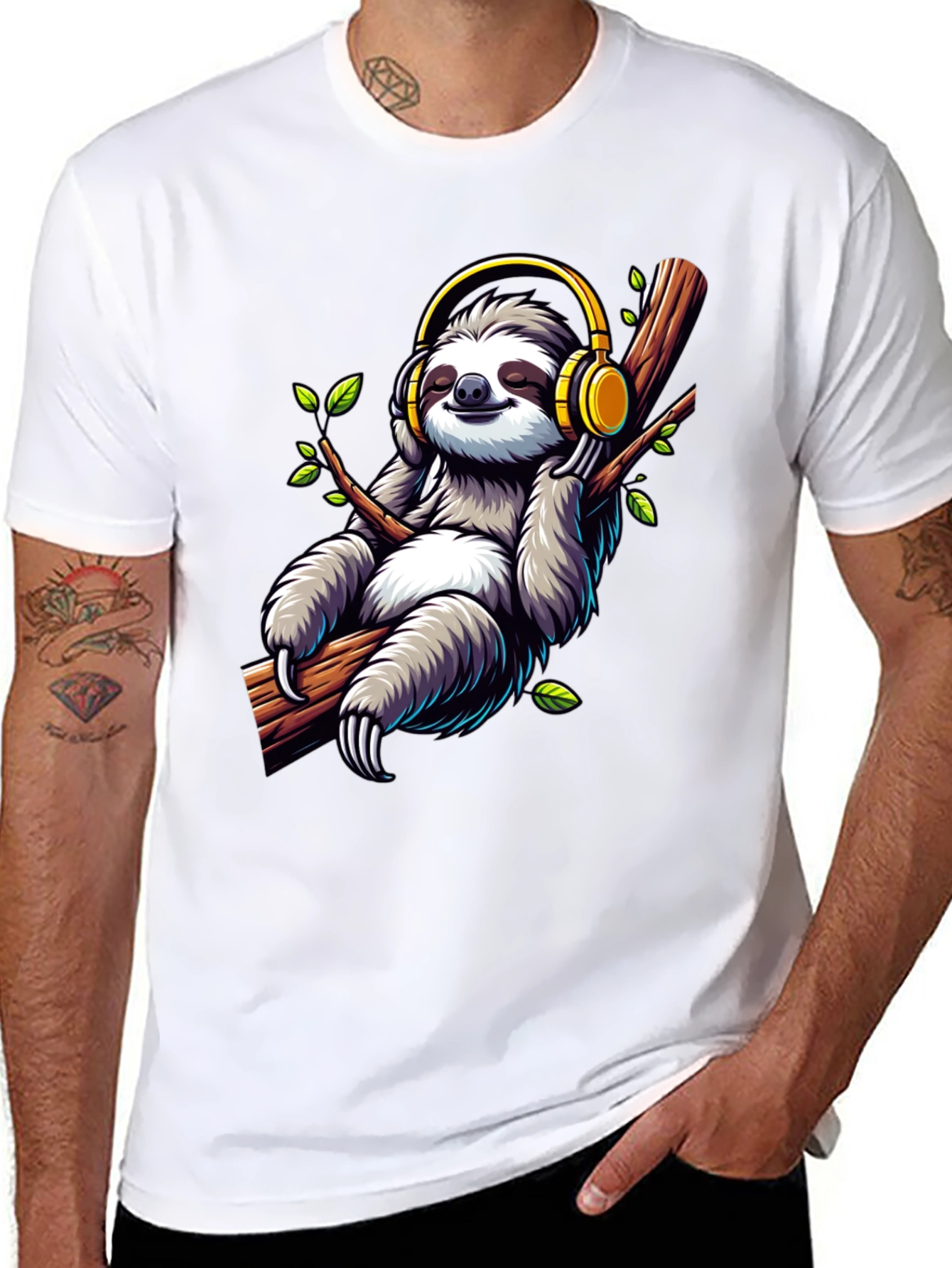 Black Sloth with Headphones Graphic T-Shirt view 8