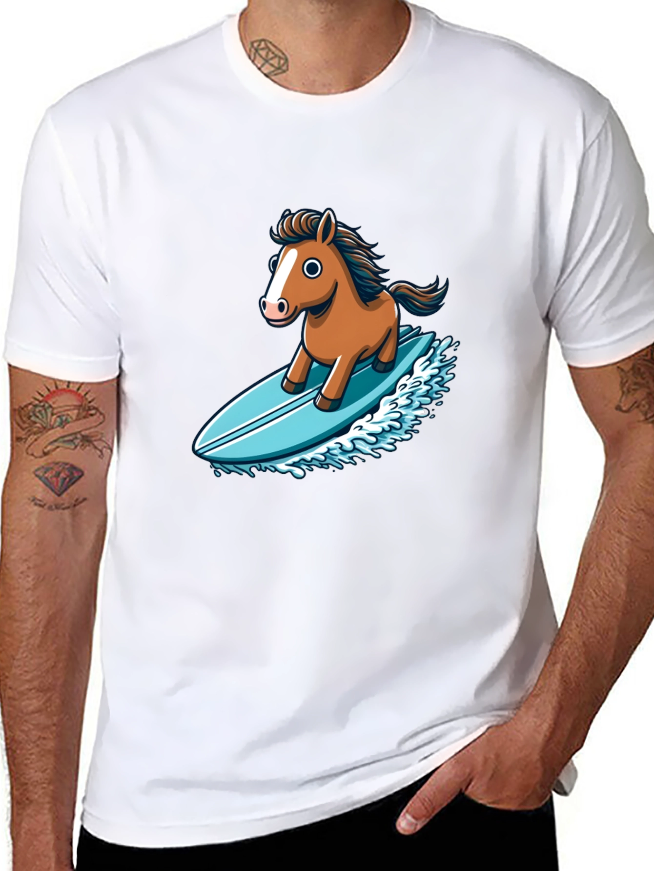 Black Horse Surfing T-Shirt - Unique Cartoon Design view 8