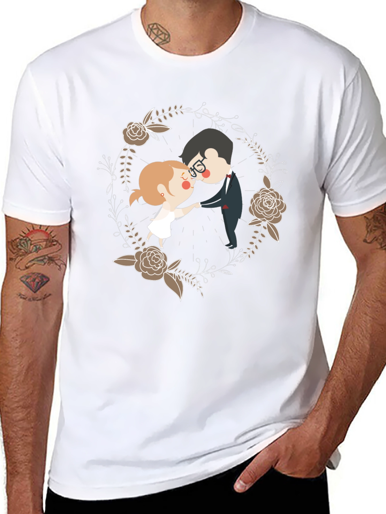 Black Romantic Couple Floral Wreath T-Shirt view 8