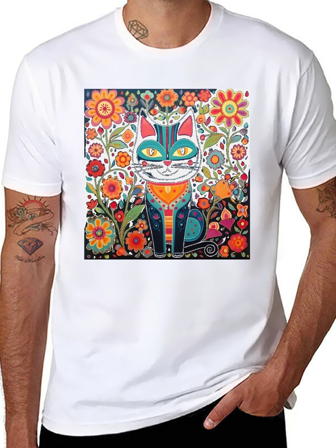 Black Floral Cat Graphic Tee - Unique Design view 8