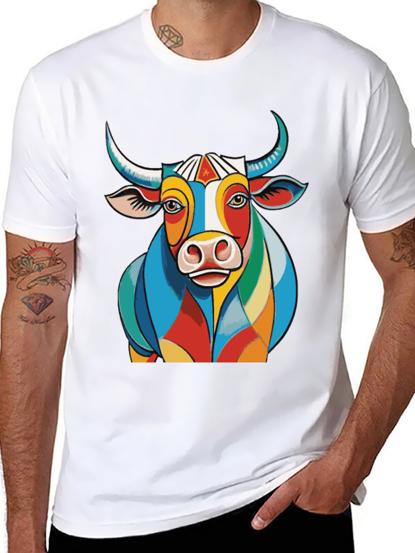 Black Colorful Bull Graphic Tee - Unique Design view 8