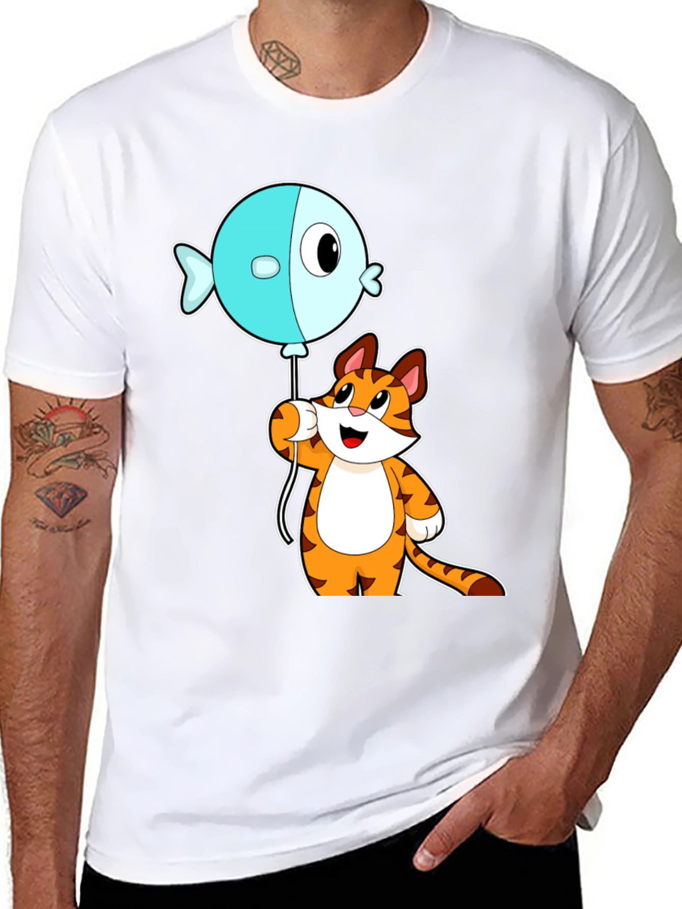 Black Cartoon Cat & Fish Balloon Graphic Tee view 8