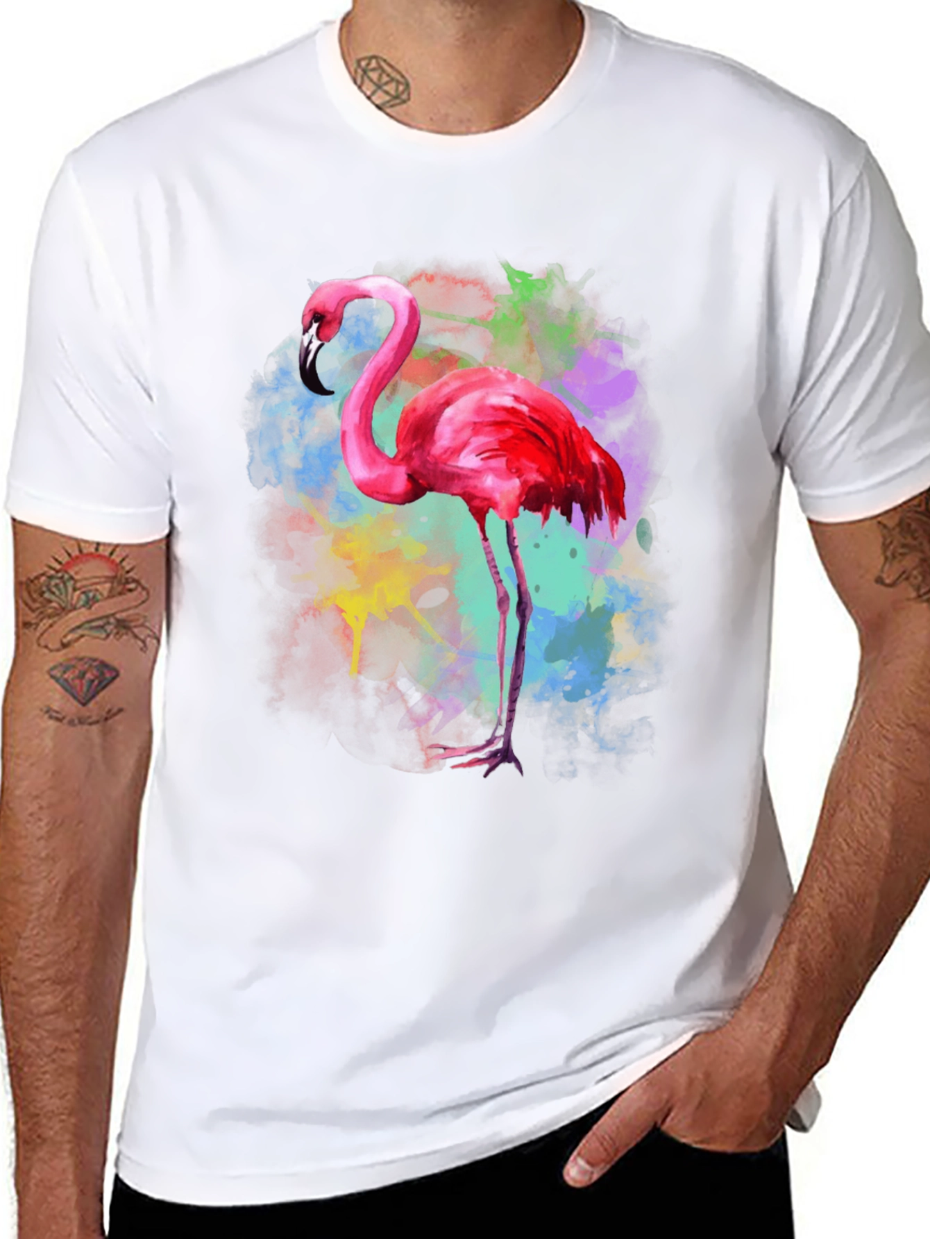 Black Flamingo Watercolor Graphic Tee - Black Cotton T-Shirt view 8