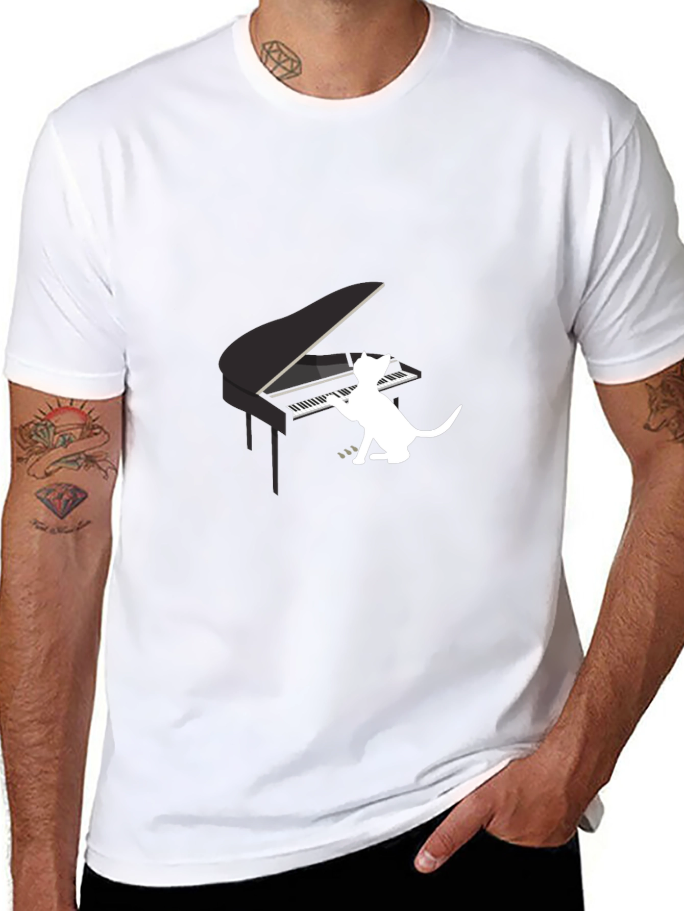 Black Cat Playing Piano Graphic Tee - Black view 8
