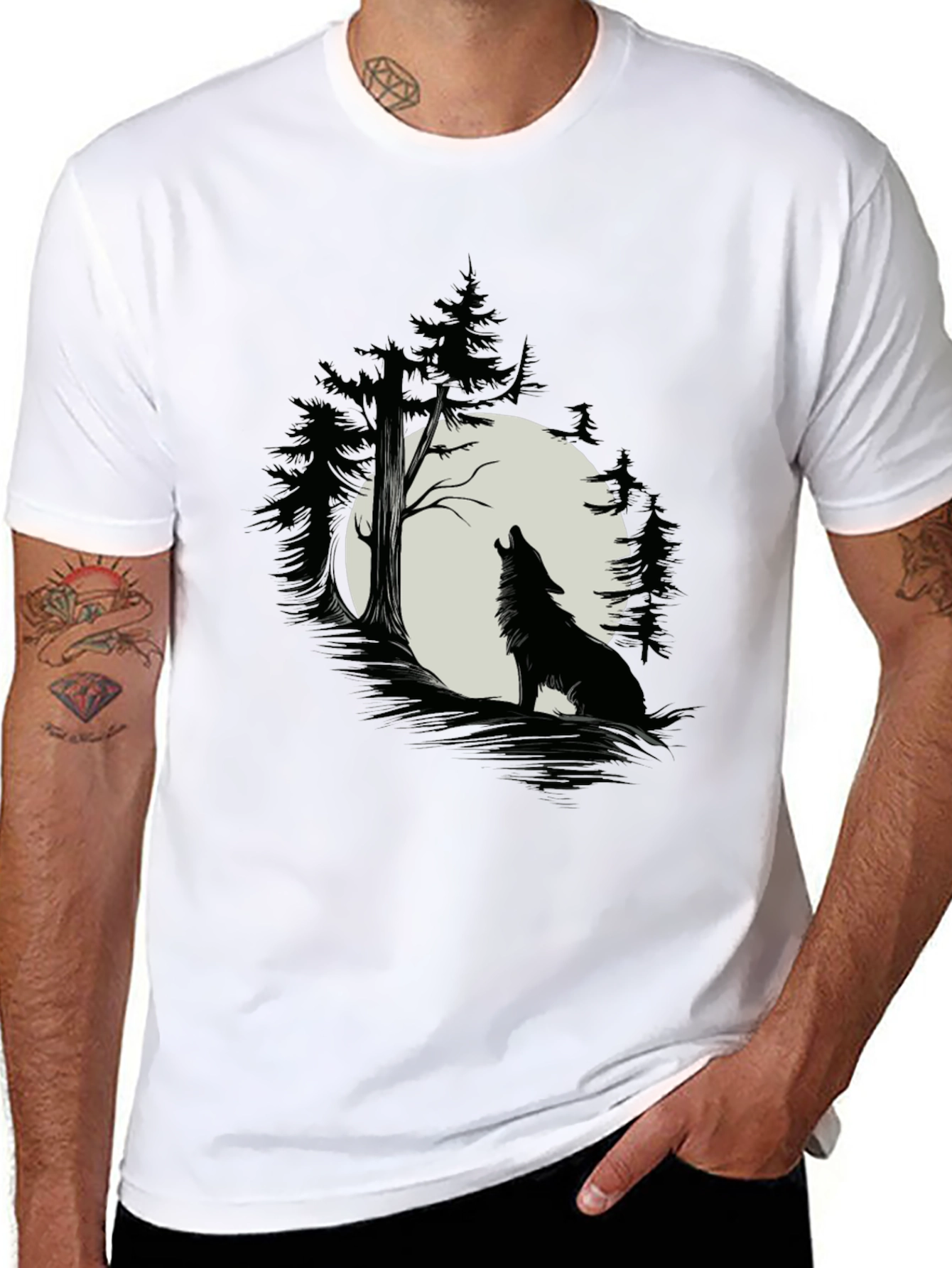Black Wolf Howling at Moon T-Shirt - Black Cotton Tee view 8