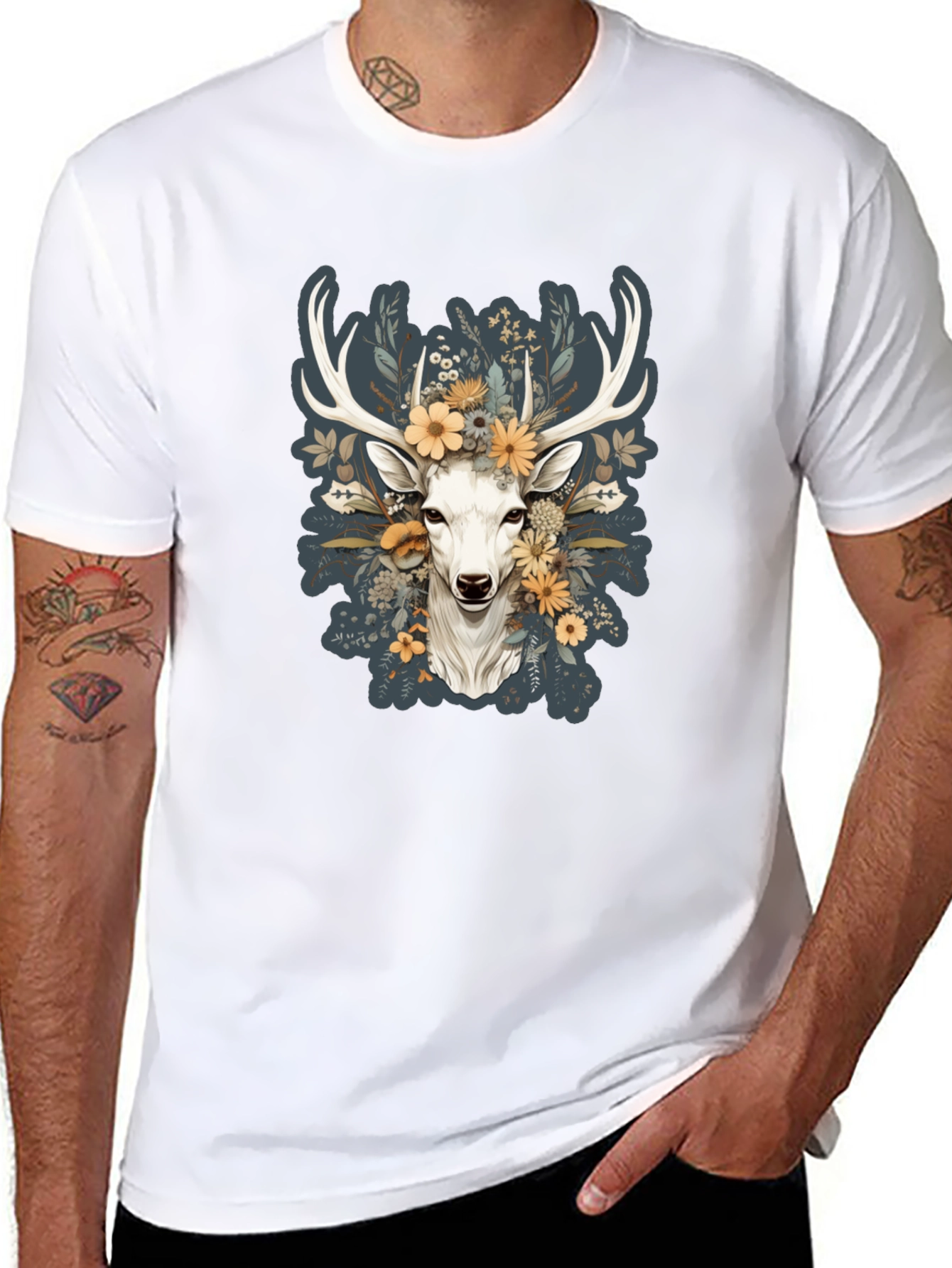 Black Floral Deer Graphic Tee - Nature Inspired Menswear view 8