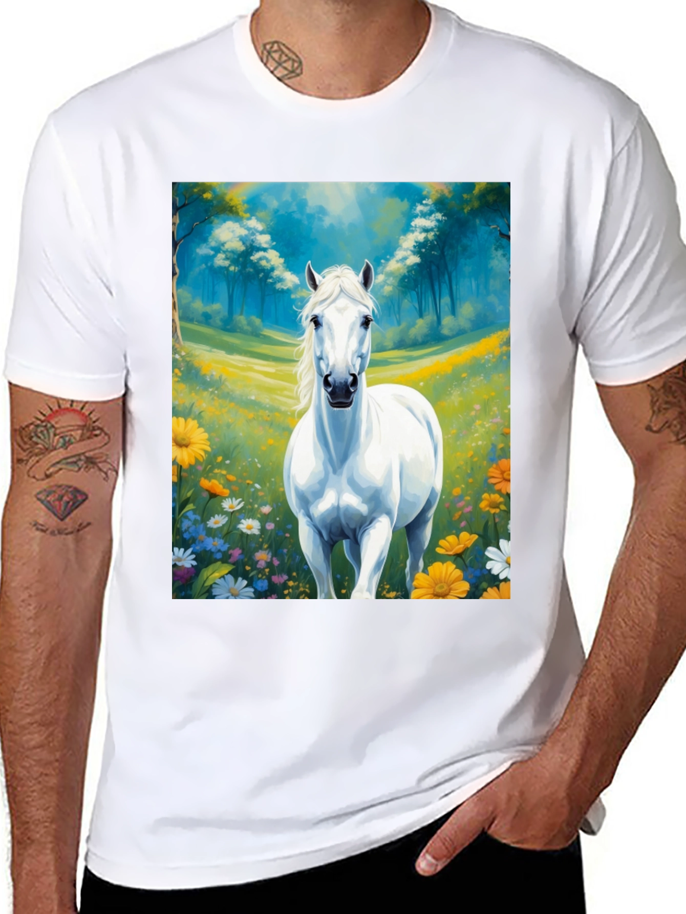 Black White Horse in Meadow Graphic Tee view 8