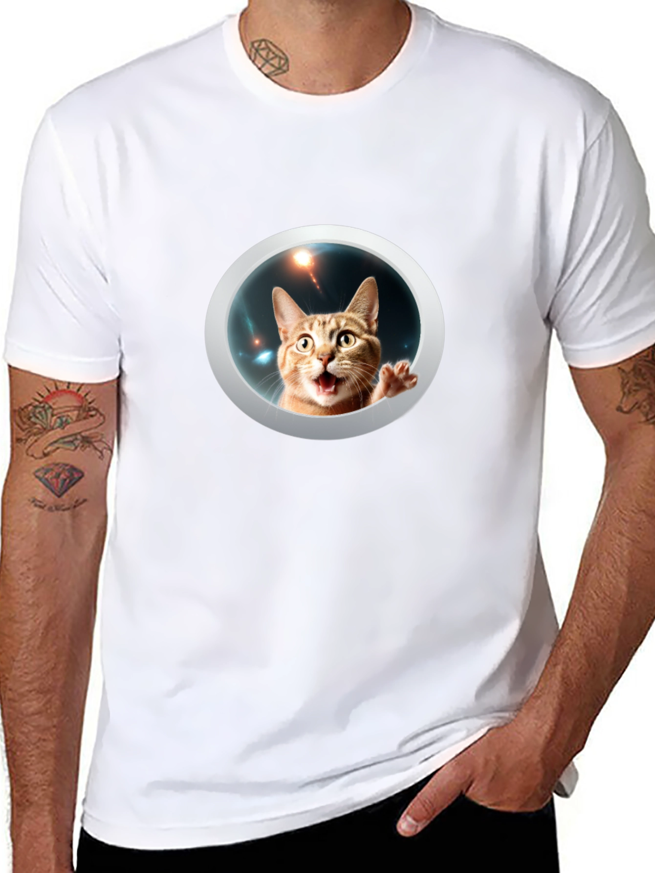 Black Funny Cat in Space Black T-Shirt view 8