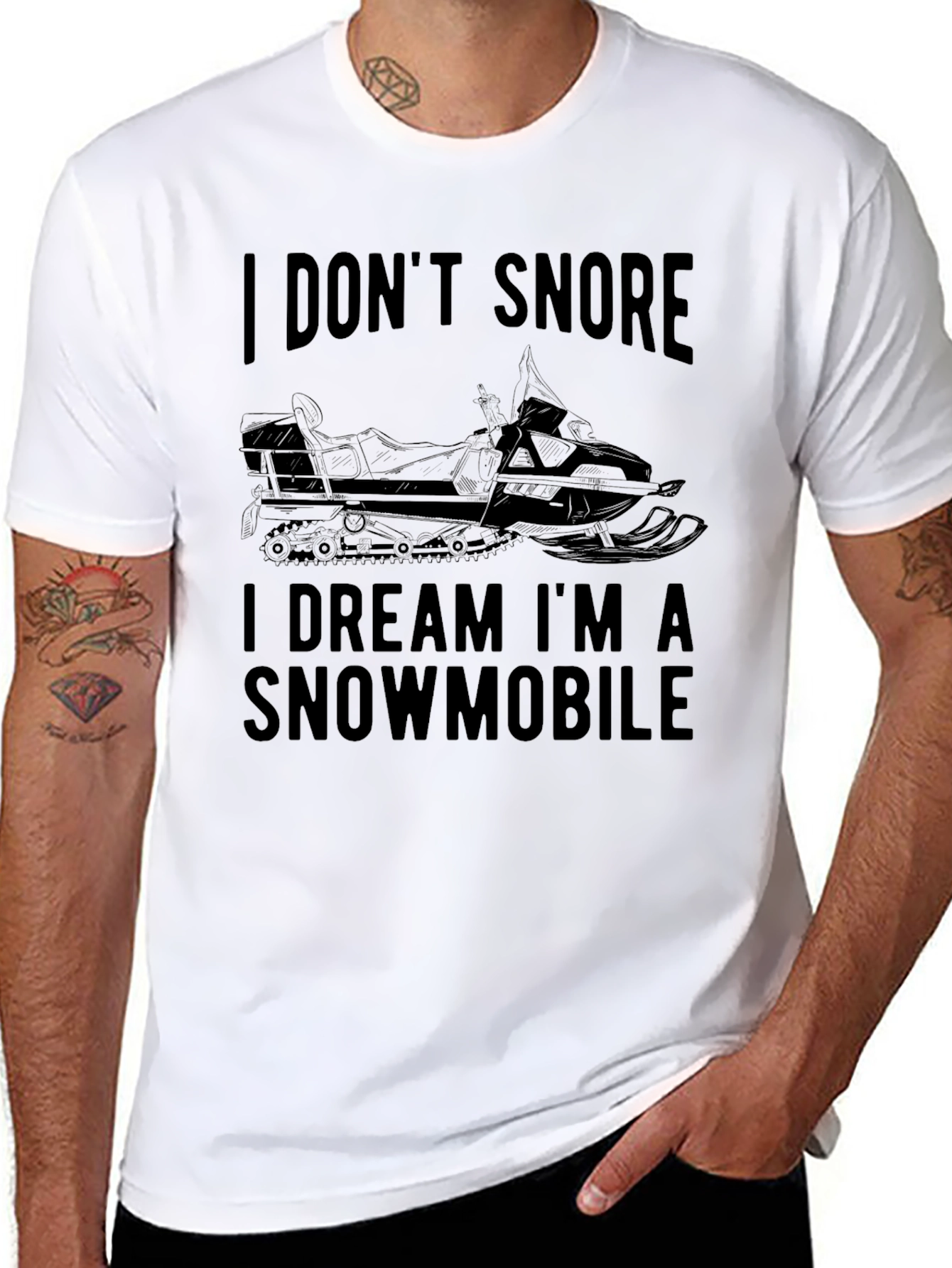 Black I Don't Snore, I Dream I'm a Snowmobile Black T-Shirt view 8