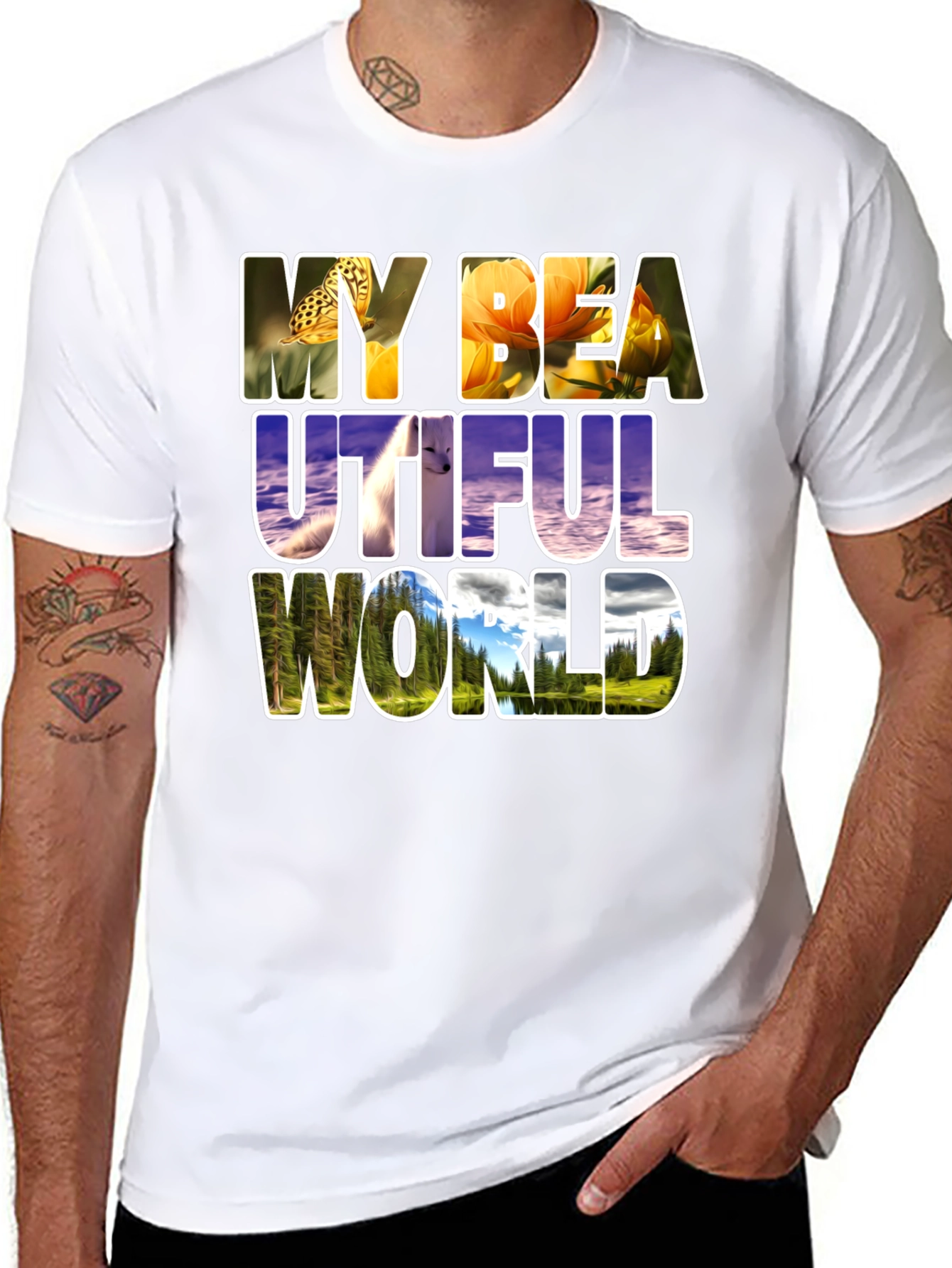 Black Nature Filled Graphic Tee - "My Beautiful World" T-Shirt view 8