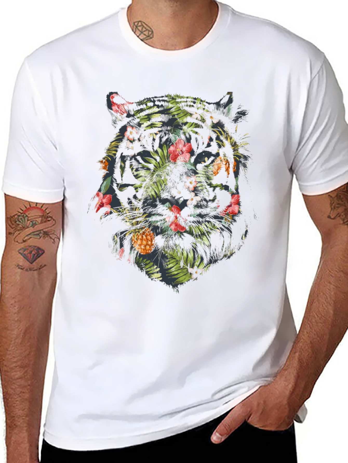 Black Tropical Tiger Graphic Tee - Black Cotton Blend Shirt view 8