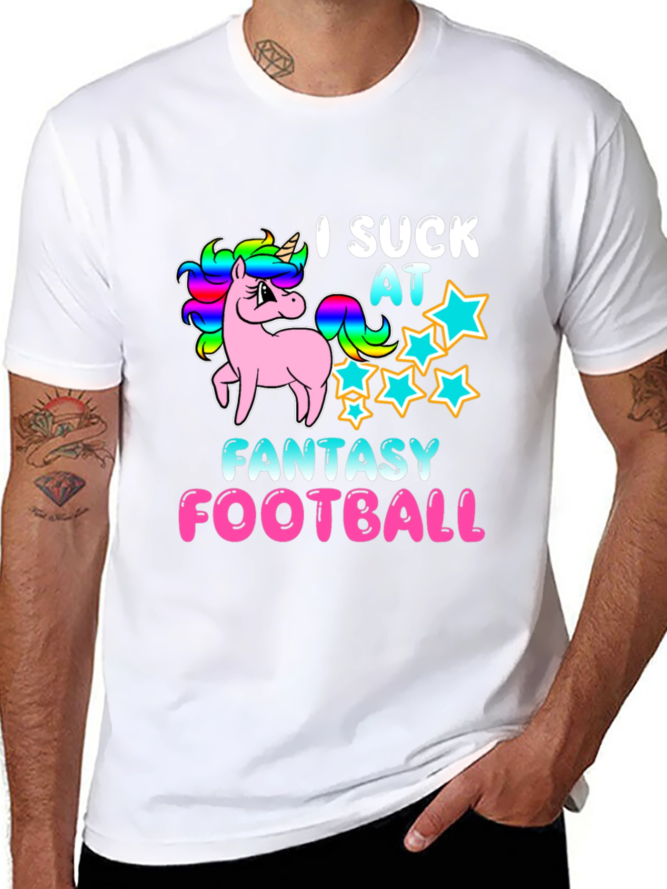 Black I Suck At Fantasy Football Unicorn T-Shirt view 8