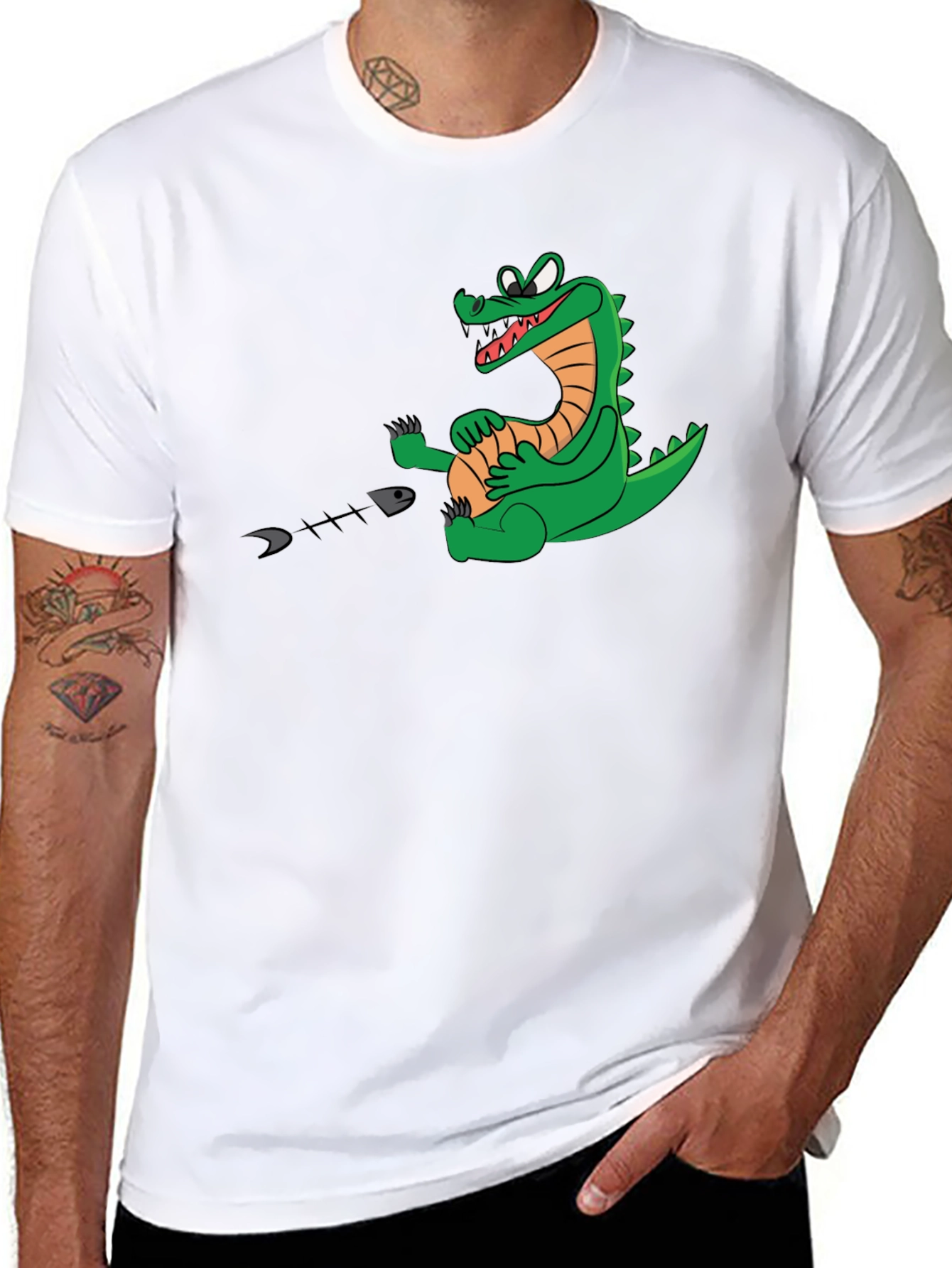 Black Alligator Eating Fish T-Shirt - Black Cotton Tee view 8