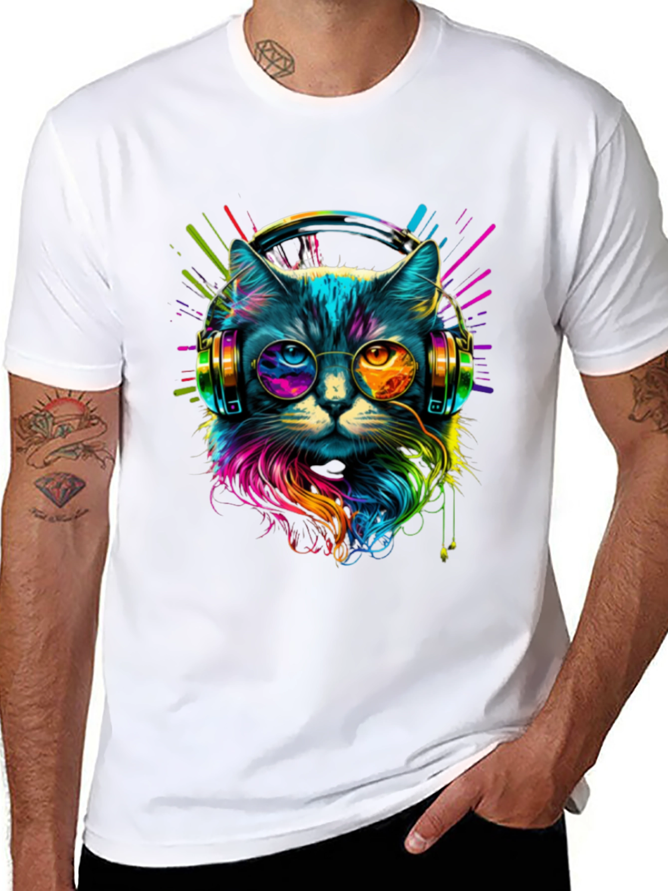 Black Neon Cat DJ T-Shirt - Unique Graphic Tee view 8