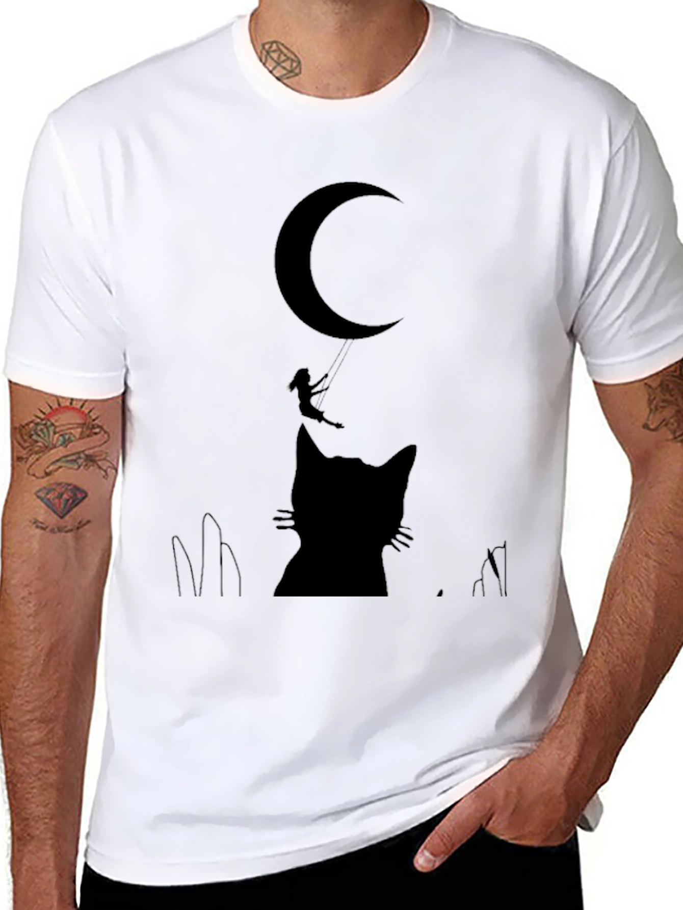 Black Whimsical Cat & Moon Graphic Tee - Black Cotton Blend view 8