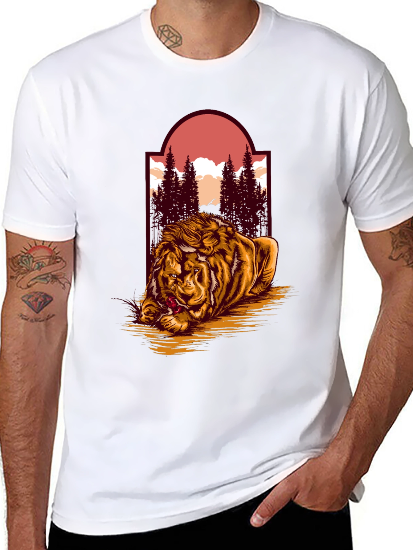 Black Lion & Landscape Graphic Tee - Unique Design view 8