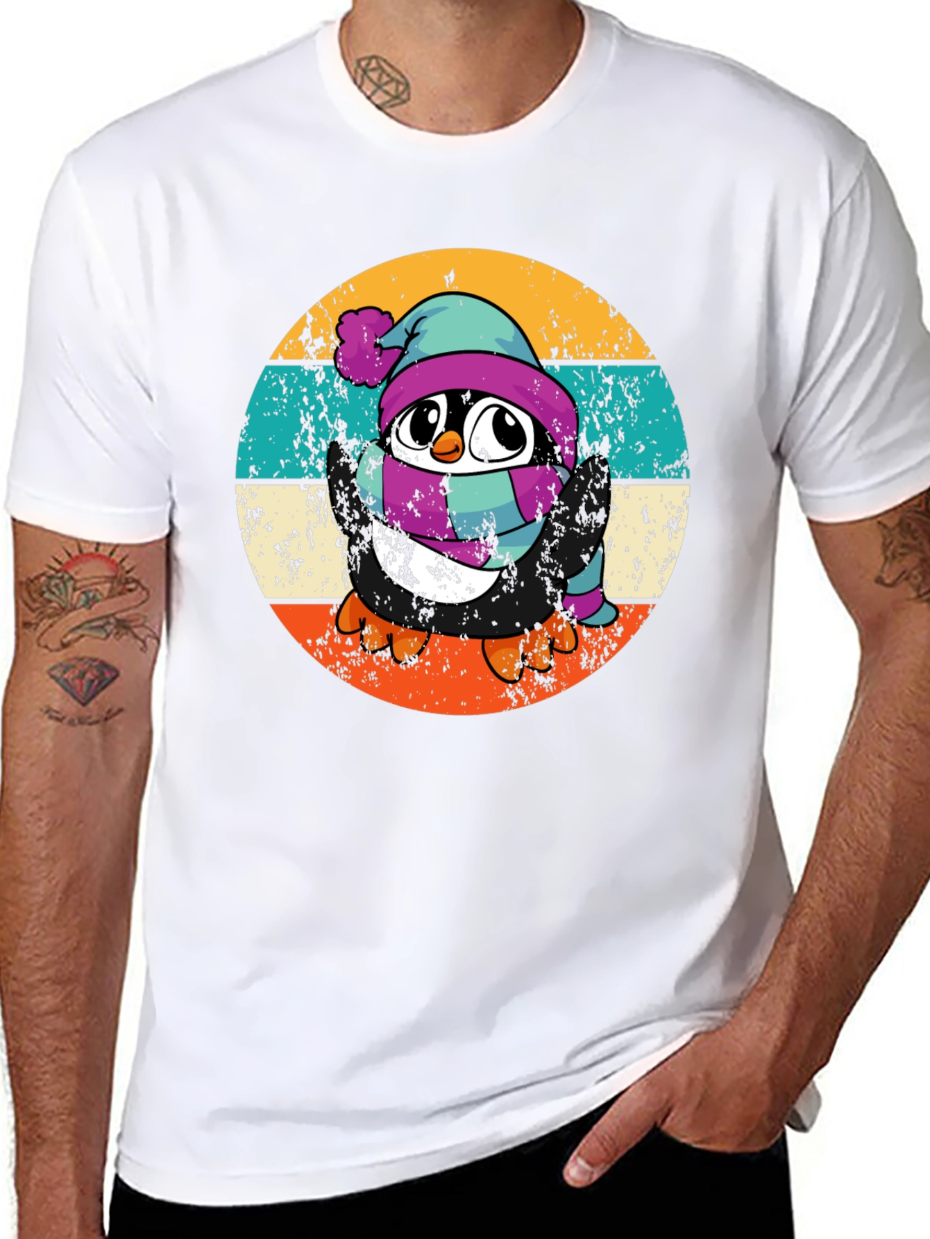 Black Retro Penguin Winter T-Shirt view 8