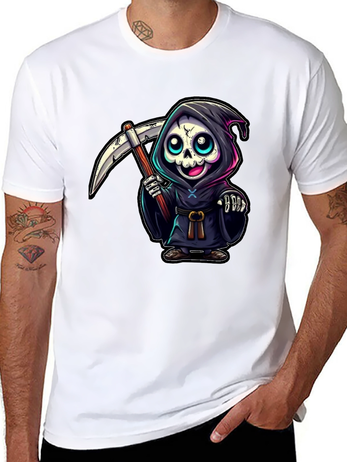 Black Grim Reaper Cartoon Graphic Tee view 8