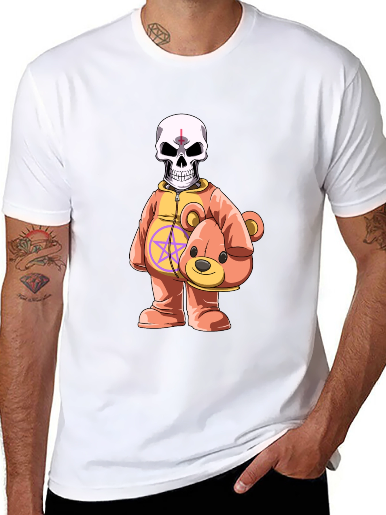 Black Skull Teddy Bear Graphic Tee - Edgy Novelty Shirt view 8