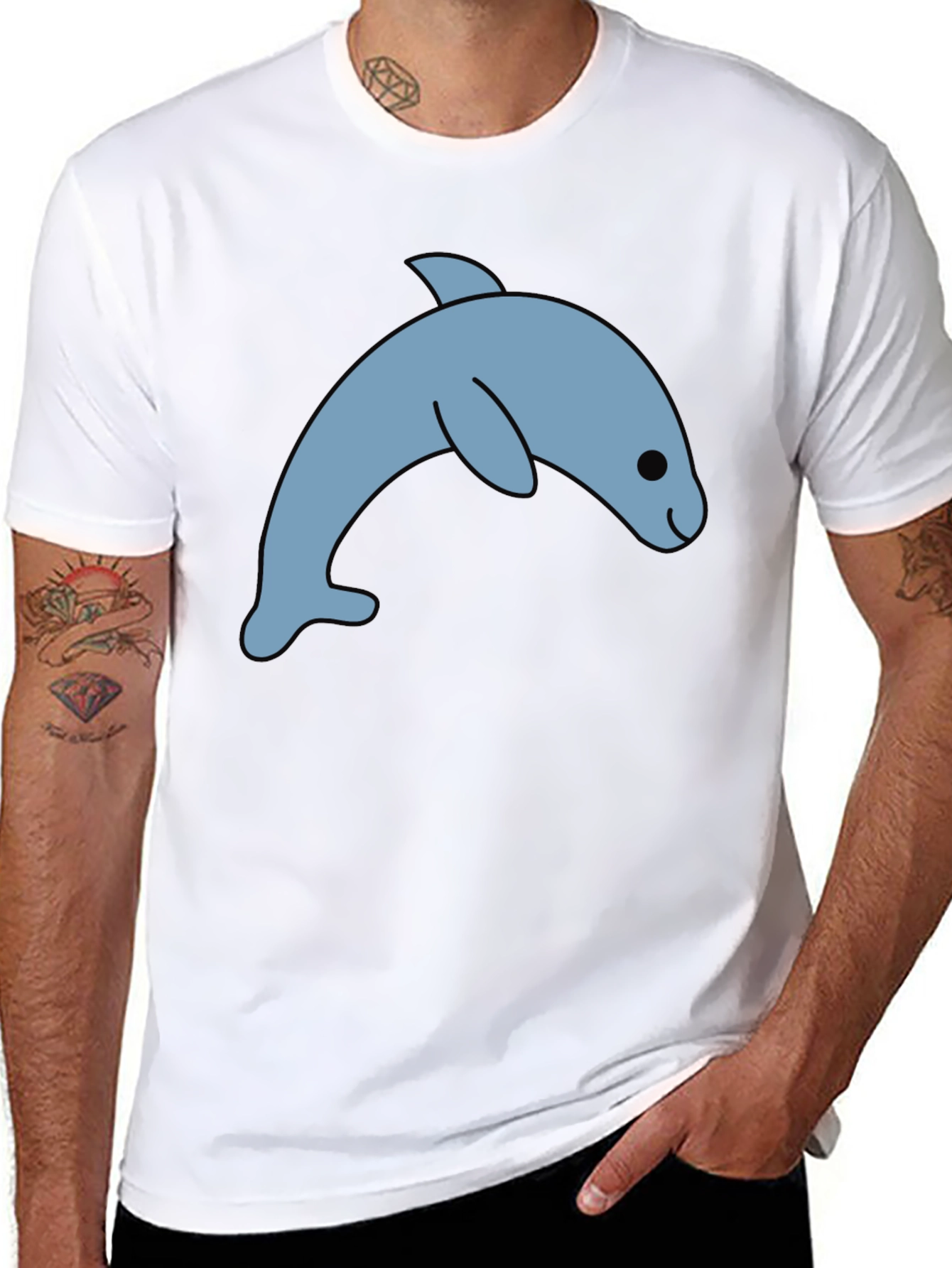 Black Cute Dolphin Graphic Tee - Black Cotton T-Shirt view 8