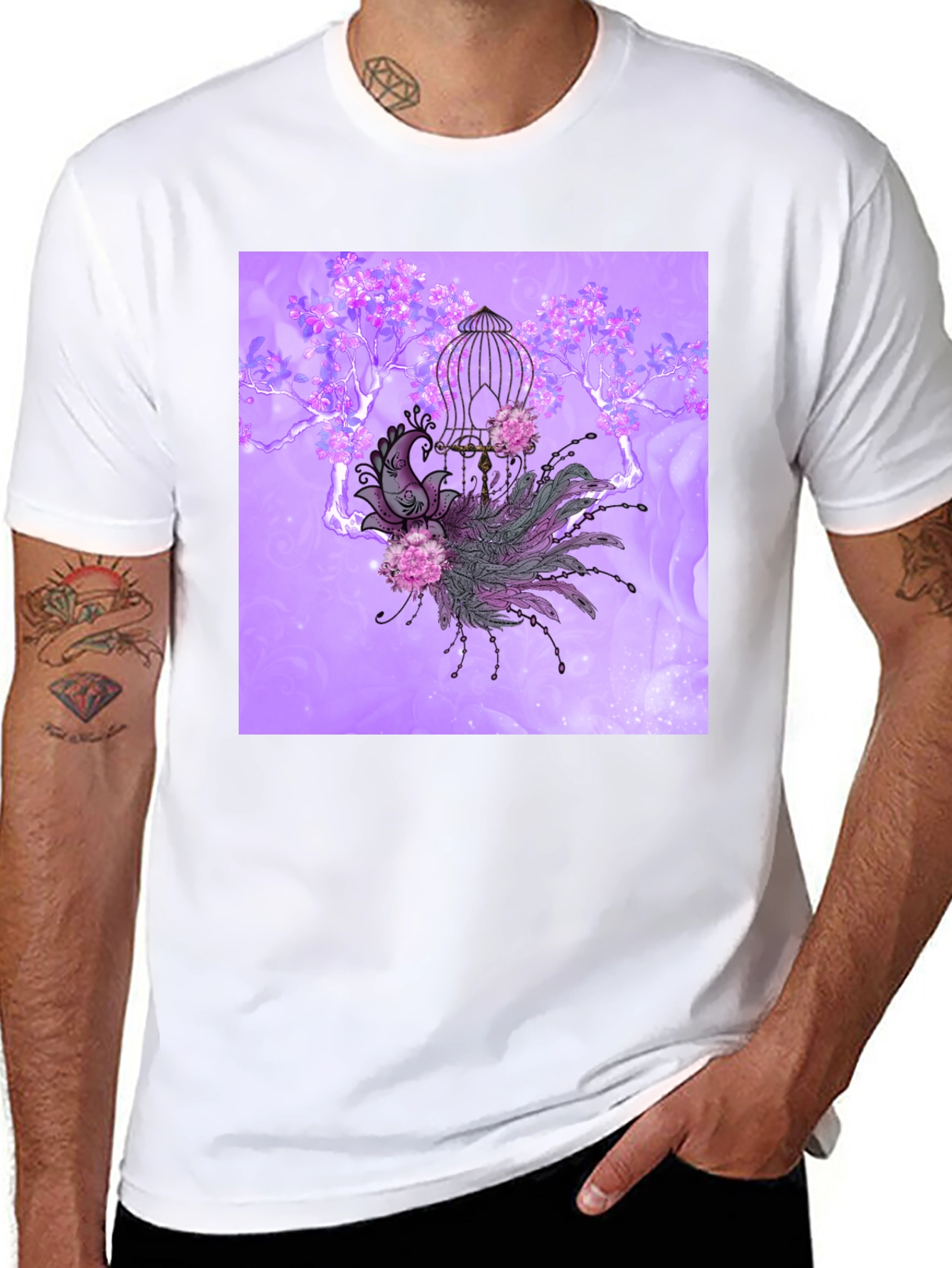 Black Elegant Peacock Cage Graphic T-Shirt view 8