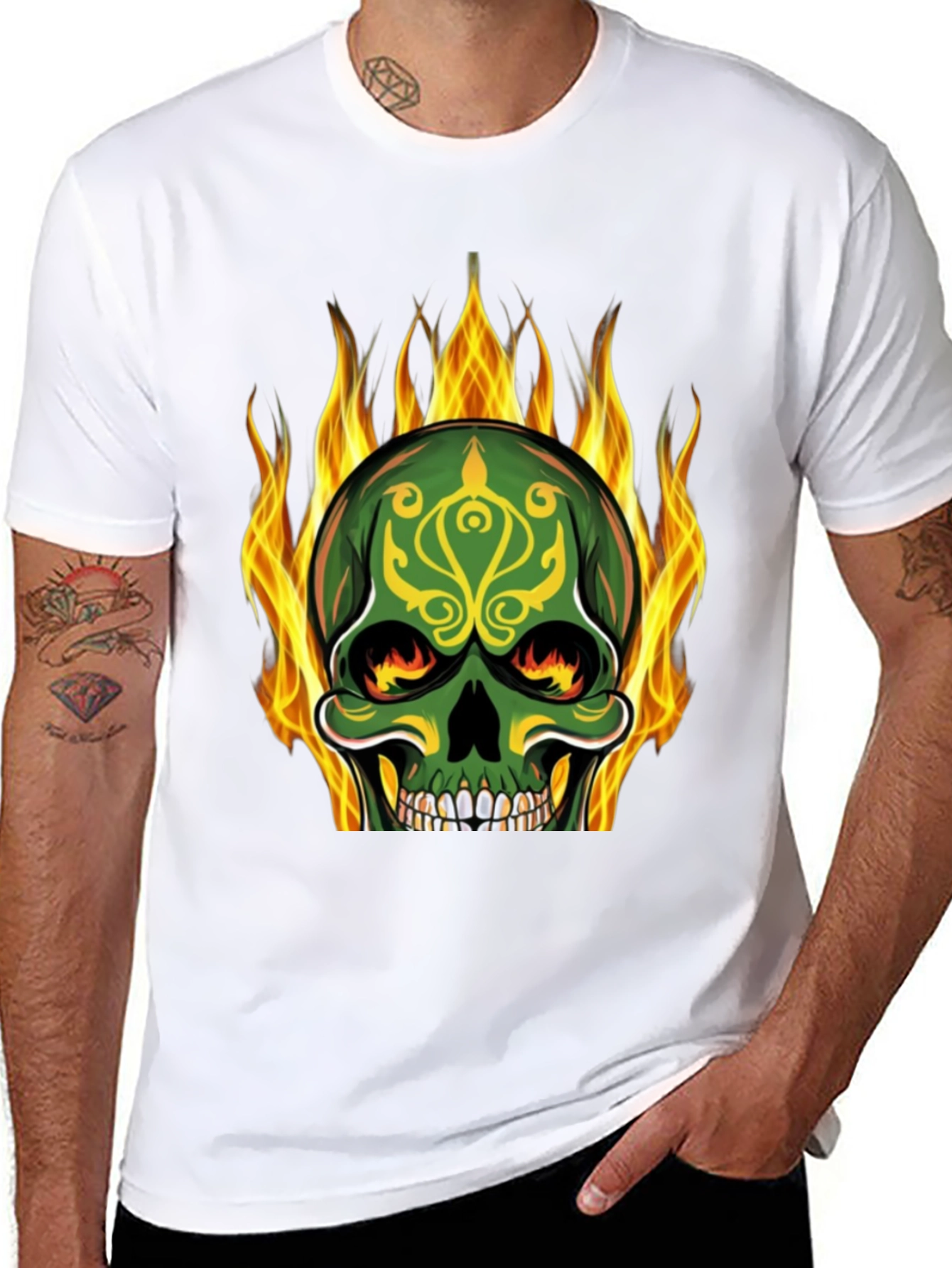 Black Flaming Skull Graphic Tee - Black Cotton T-Shirt view 8