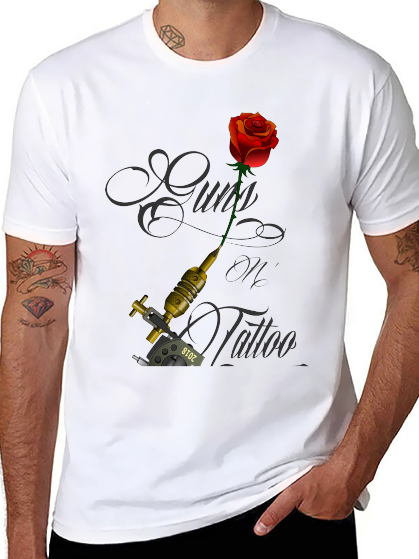 Guns Oil Tattoo Black T-Shirt with Rose and Tattoo Machine - 8