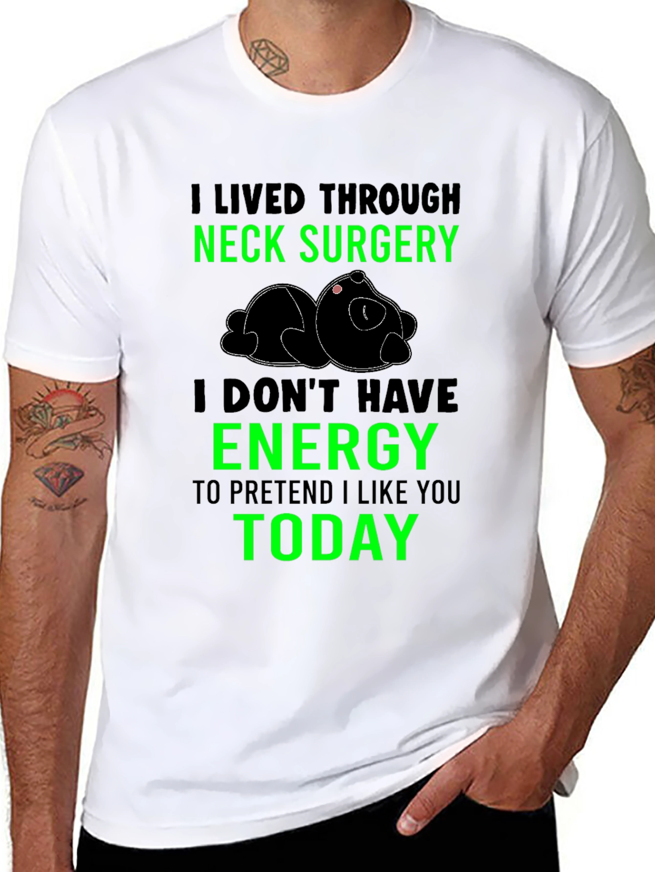 Black Neck Surgery Survivor T-Shirt, Funny Lazy Panda Tee view 8