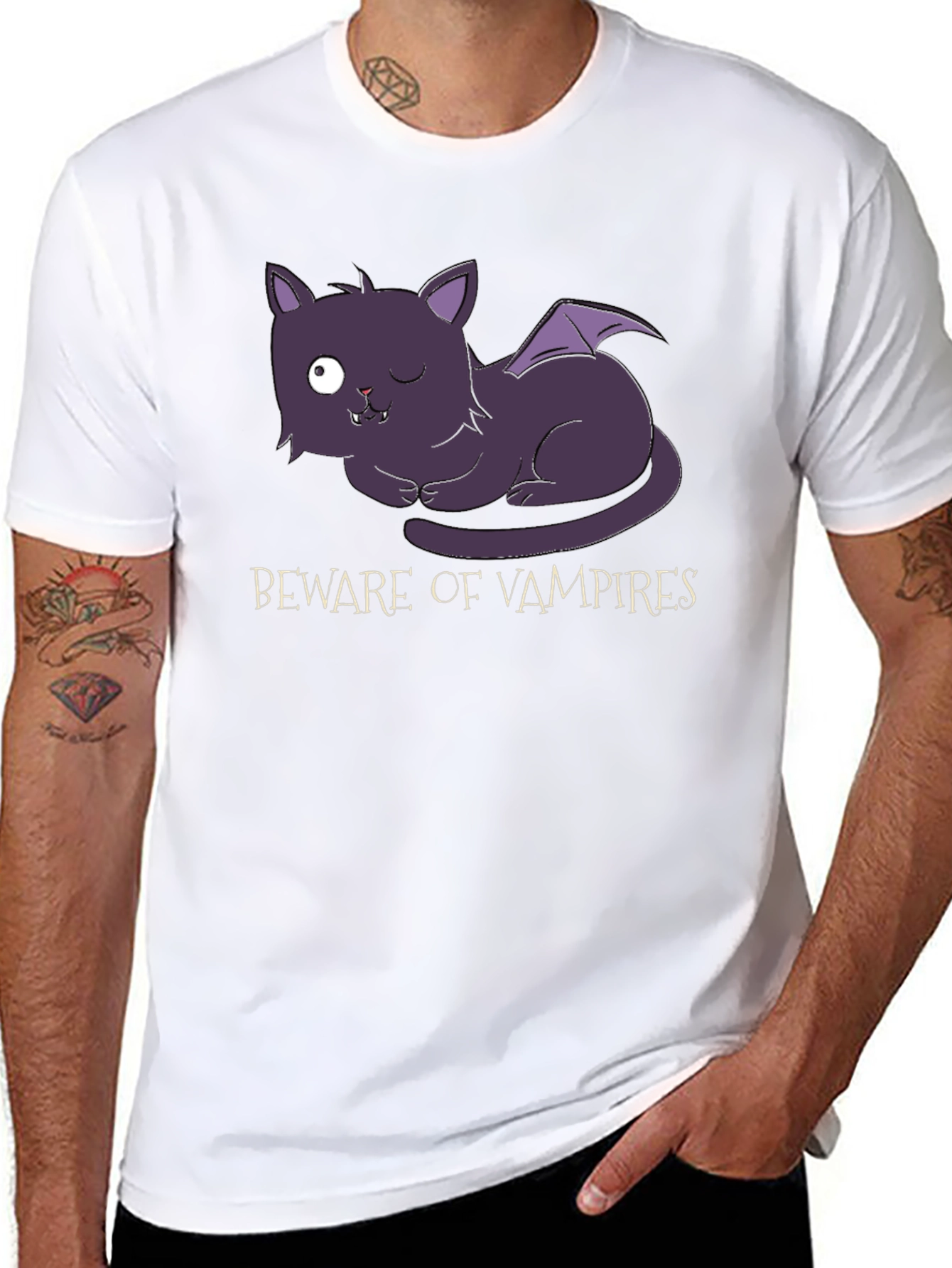 Black Beware of Vampires Cat T-Shirt - Halloween view 8