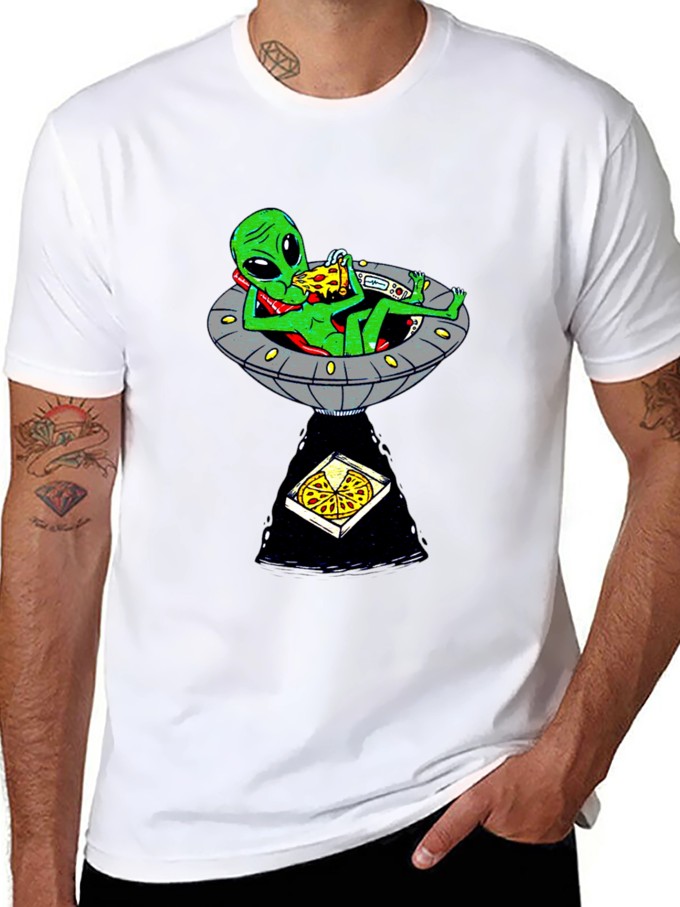Black Alien Pizza UFO Graphic Tee - Black Cotton T-Shirt view 8