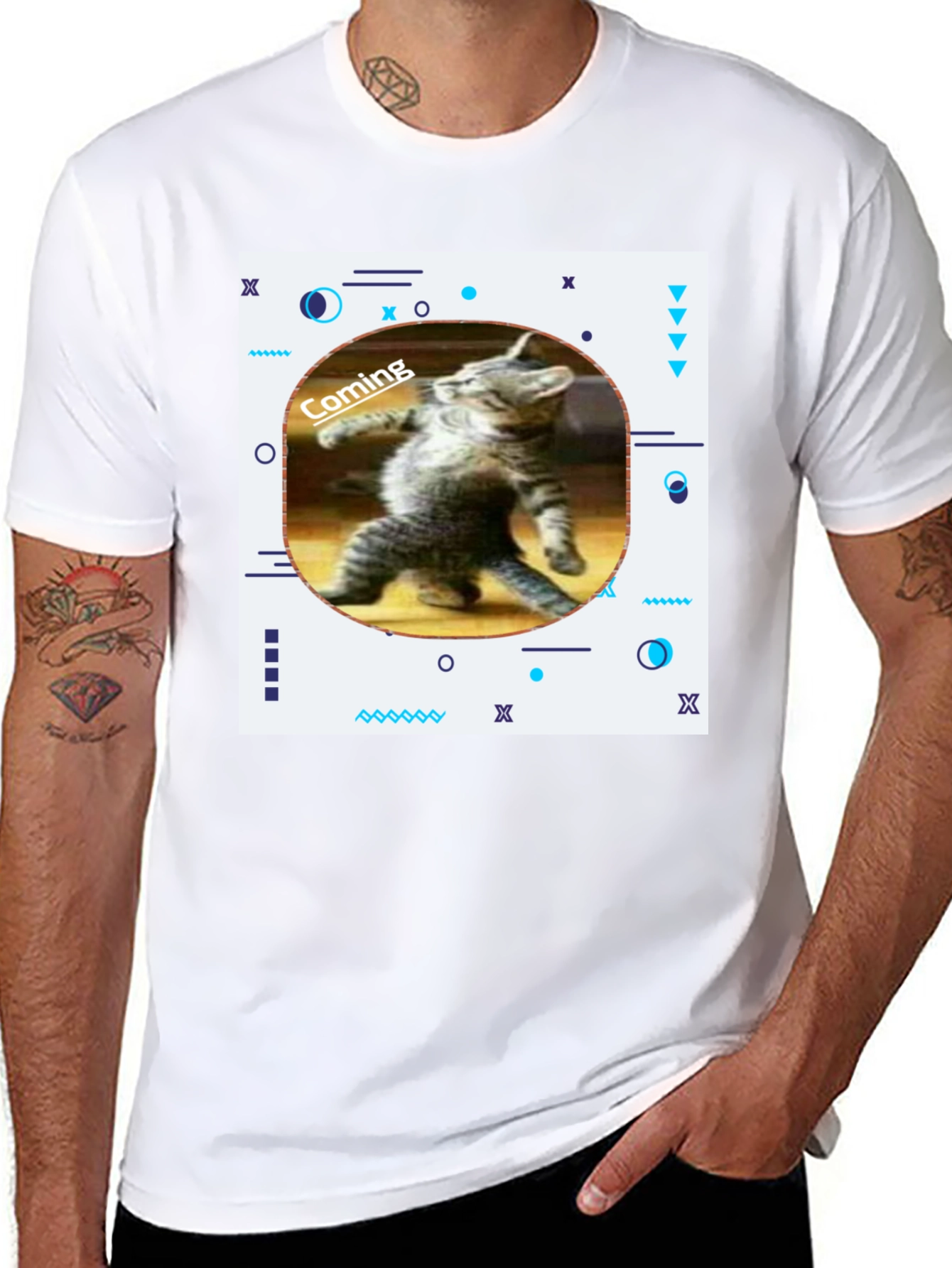 Black Funny Cat Coming T-Shirt - Black view 8