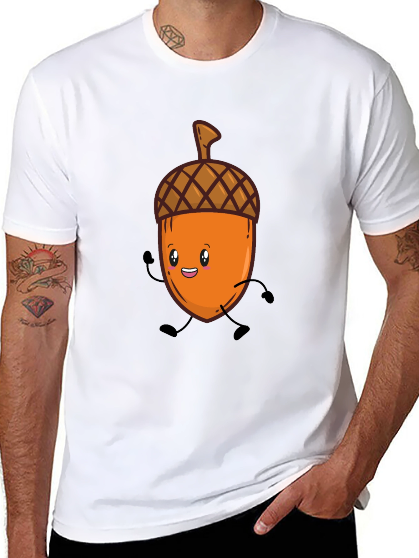 Black Cute Cartoon Acorn T-Shirt - Black, Unisex view 8