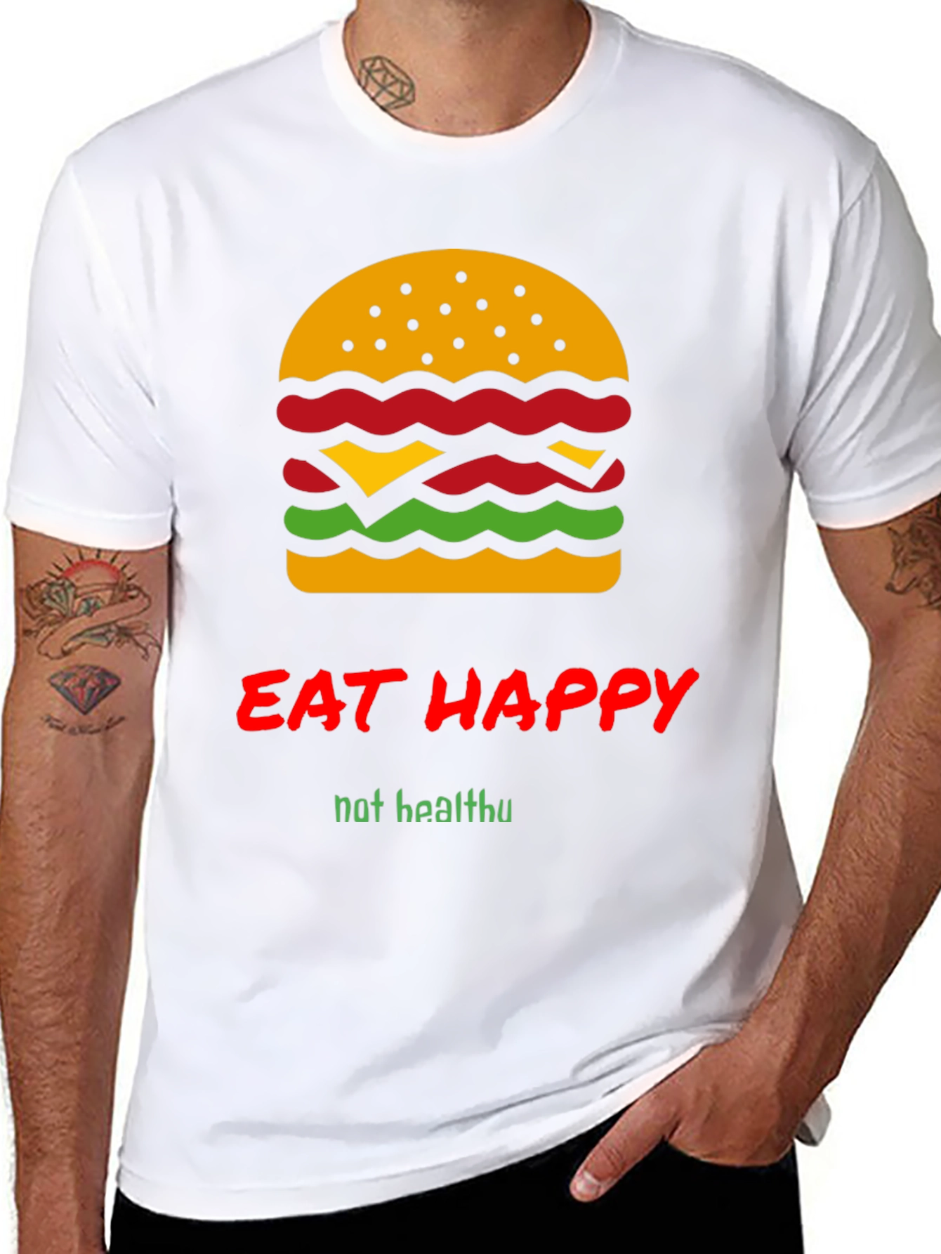 Black Eat Happy Burger Graphic Tee - Black Crew Neck T-Shirt view 8