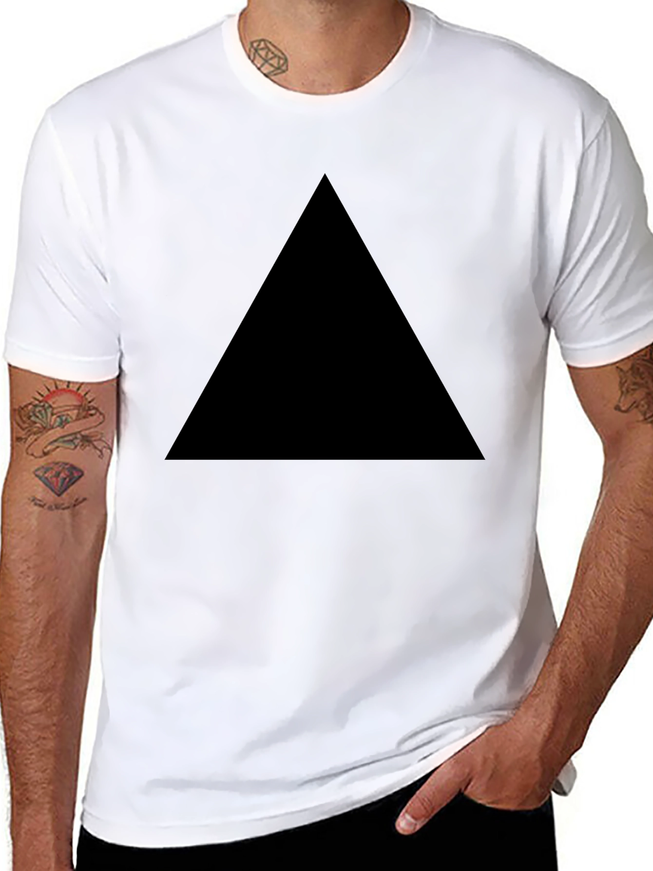 Black Mens Black T-Shirt with Geometric Triangle Design view 8