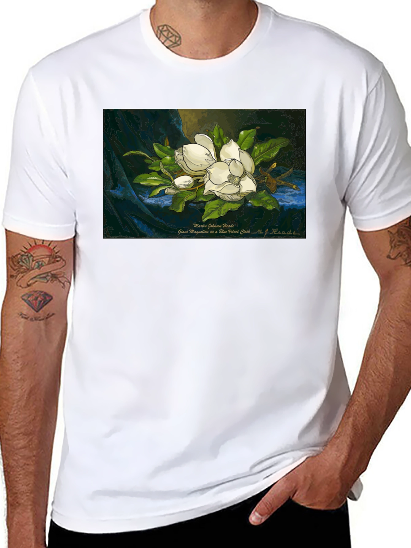 Black Magnolia Art Print T-Shirt - Elegant Floral Design view 8