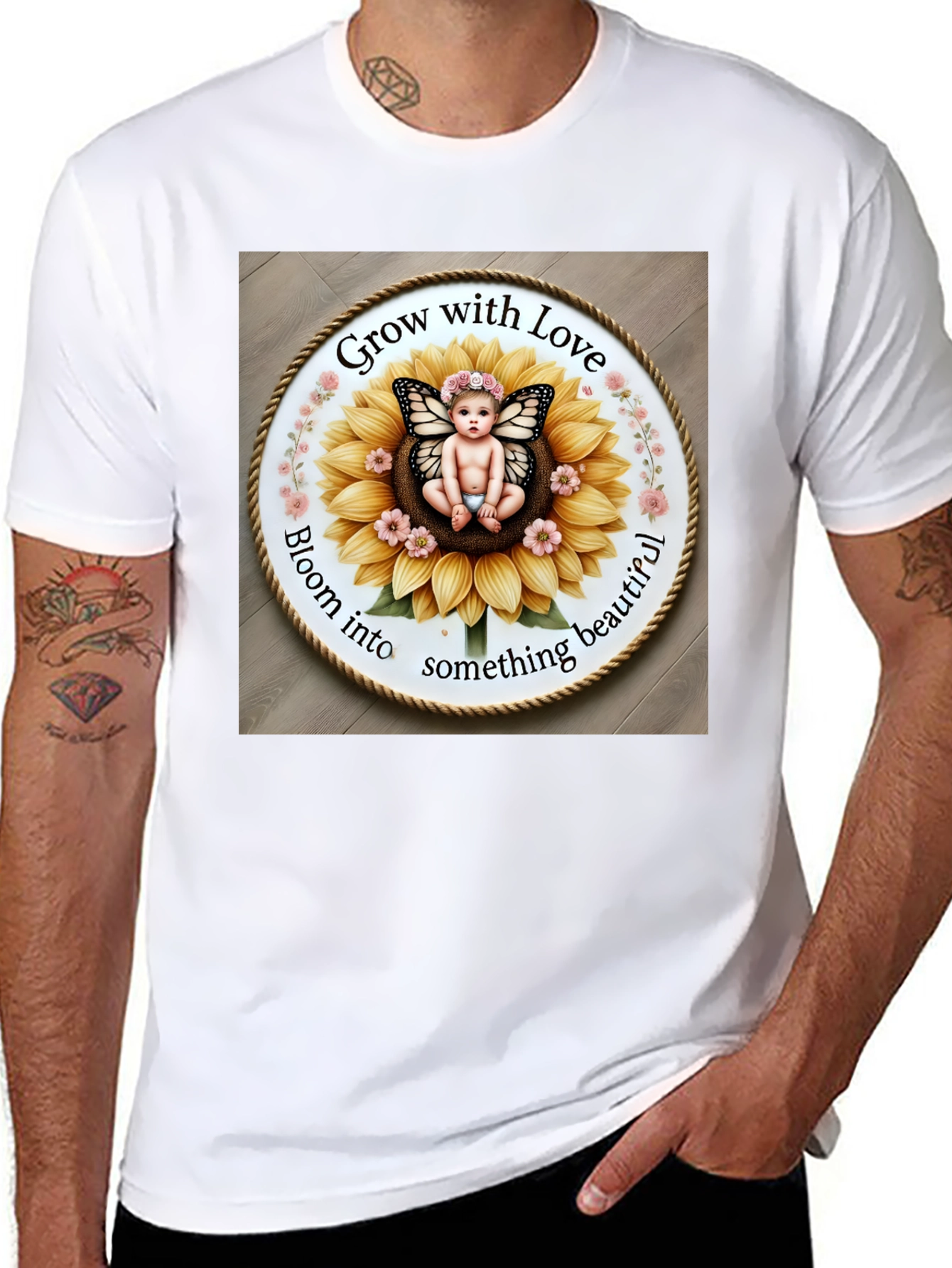 Black Grow with Love T-Shirt - Cute Butterfly Baby Sunflower Design view 8