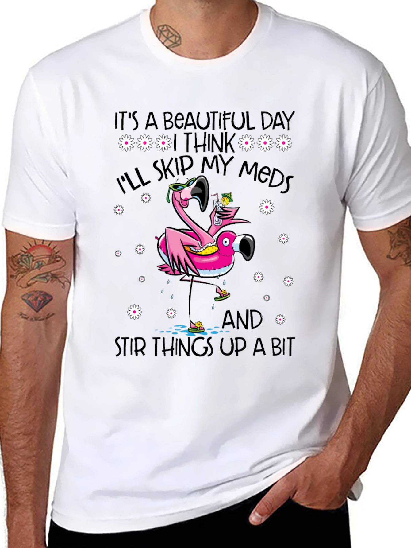 Black It's a Beautiful Day Funny Flamingo Graphic Tee view 8