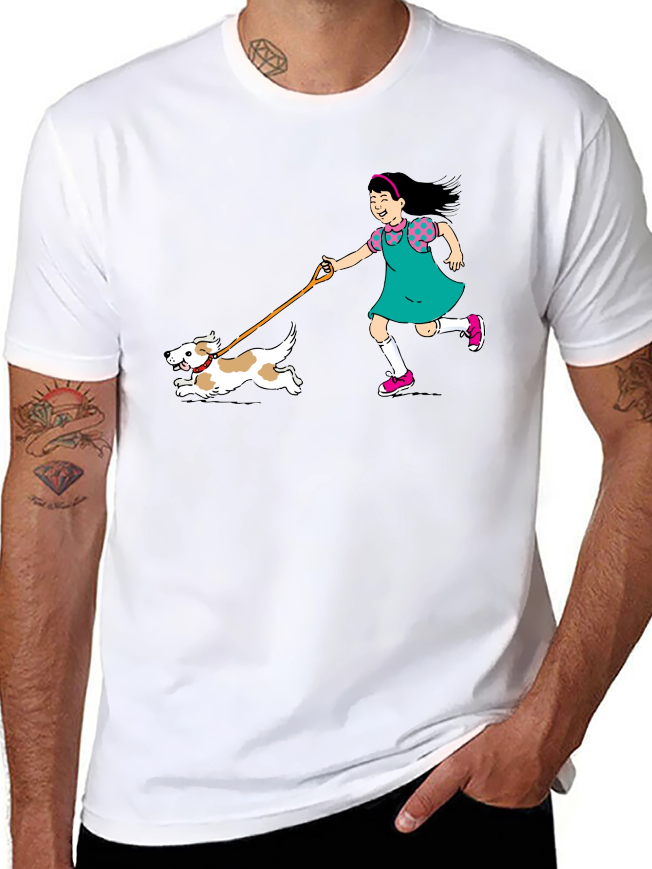 Black Girl Walking Dog Graphic Tee - Unisex Black T-Shirt view 8